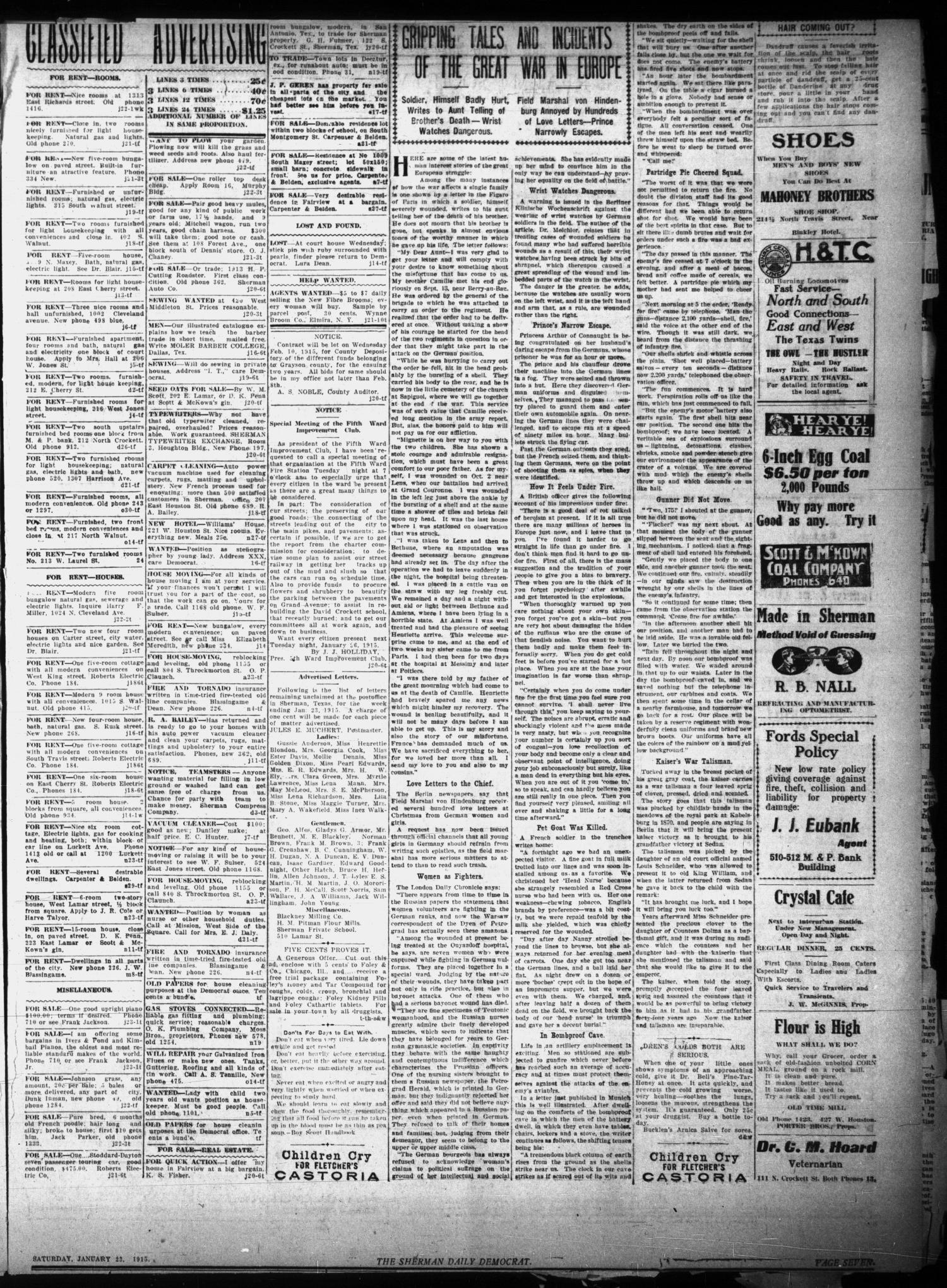 Sherman Daily Democrat (Sherman, Tex.), Vol. THIRTY-FOURTH YEAR, Ed. 1 Saturday, January 23, 1915
                                                
                                                    [Sequence #]: 7 of 8
                                                