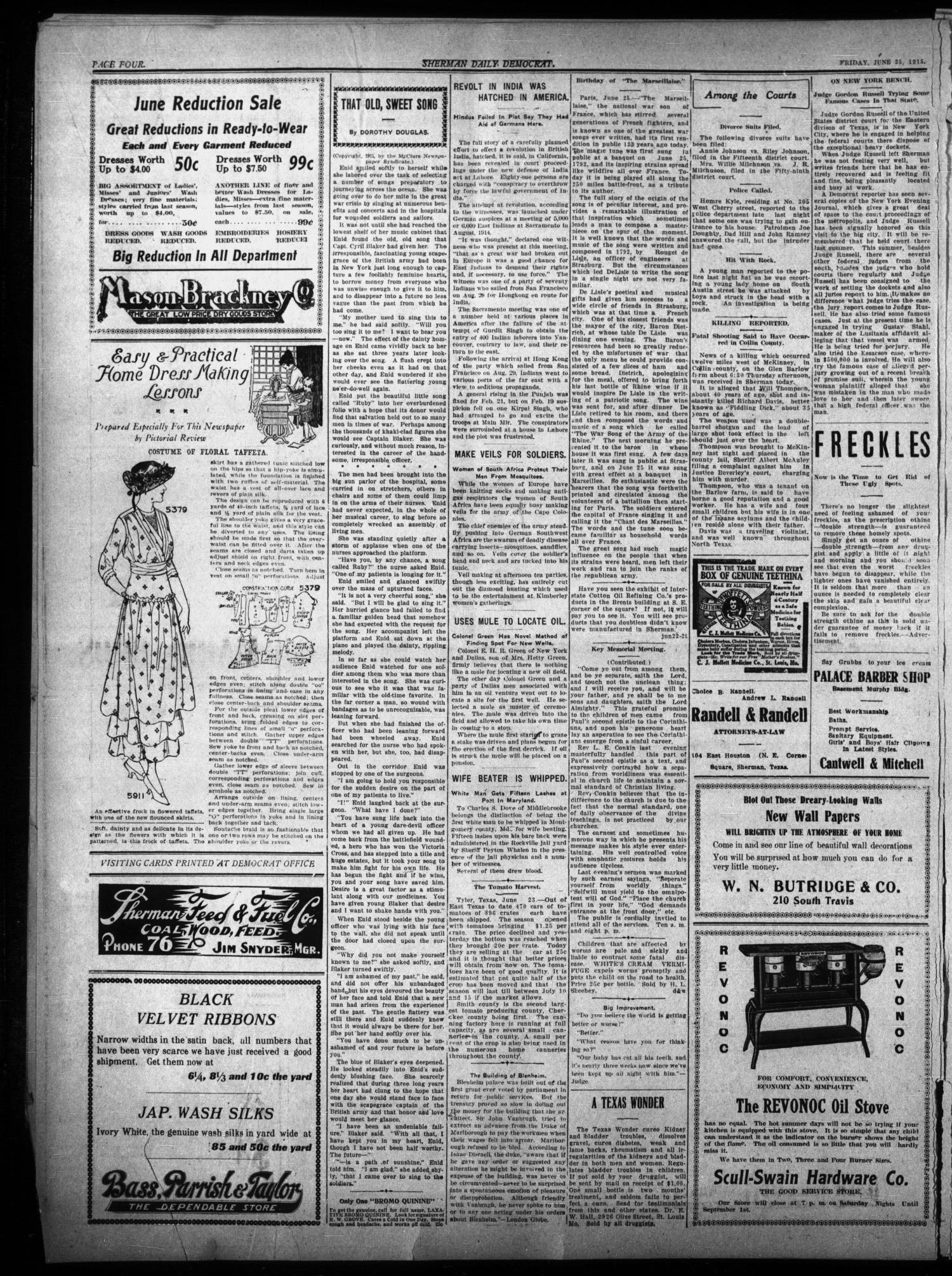 Sherman Daily Democrat (Sherman, Tex.), Vol. THIRTY-FOURTH YEAR, Ed. 1 Friday, June 25, 1915
                                                
                                                    [Sequence #]: 4 of 8
                                                