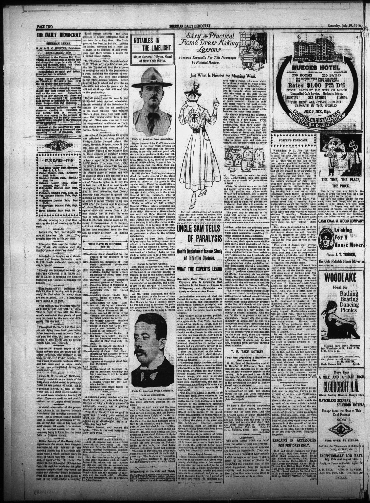 Sherman Daily Democrat (Sherman, Tex.), Vol. THIRTY-SIXTH YEAR, Ed. 1 Saturday, July 29, 1916
                                                
                                                    [Sequence #]: 2 of 8
                                                