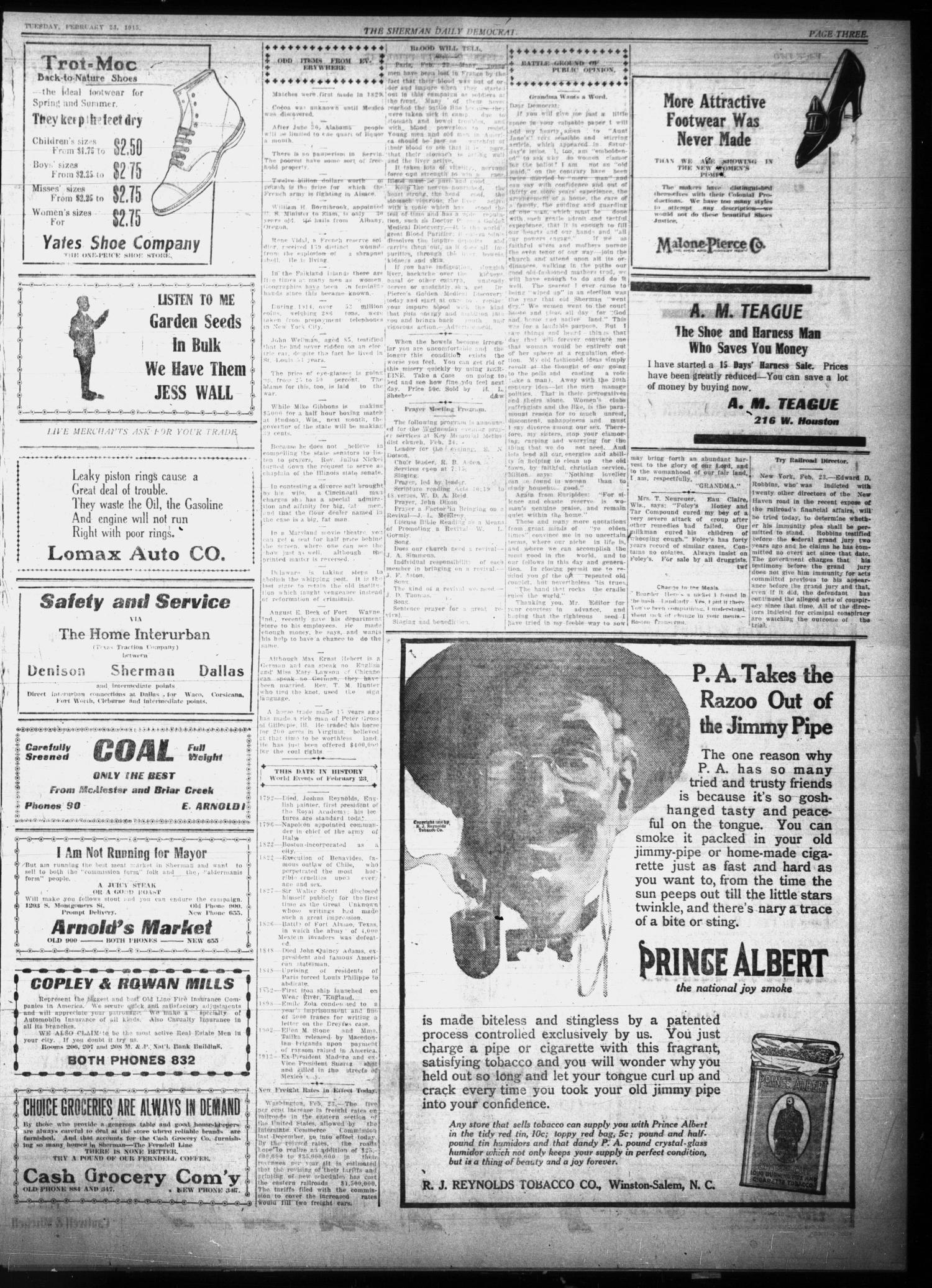 Sherman Daily Democrat (Sherman, Tex.), Vol. THIRTY-FOURTH YEAR, Ed. 1 Tuesday, February 23, 1915
                                                
                                                    [Sequence #]: 3 of 8
                                                