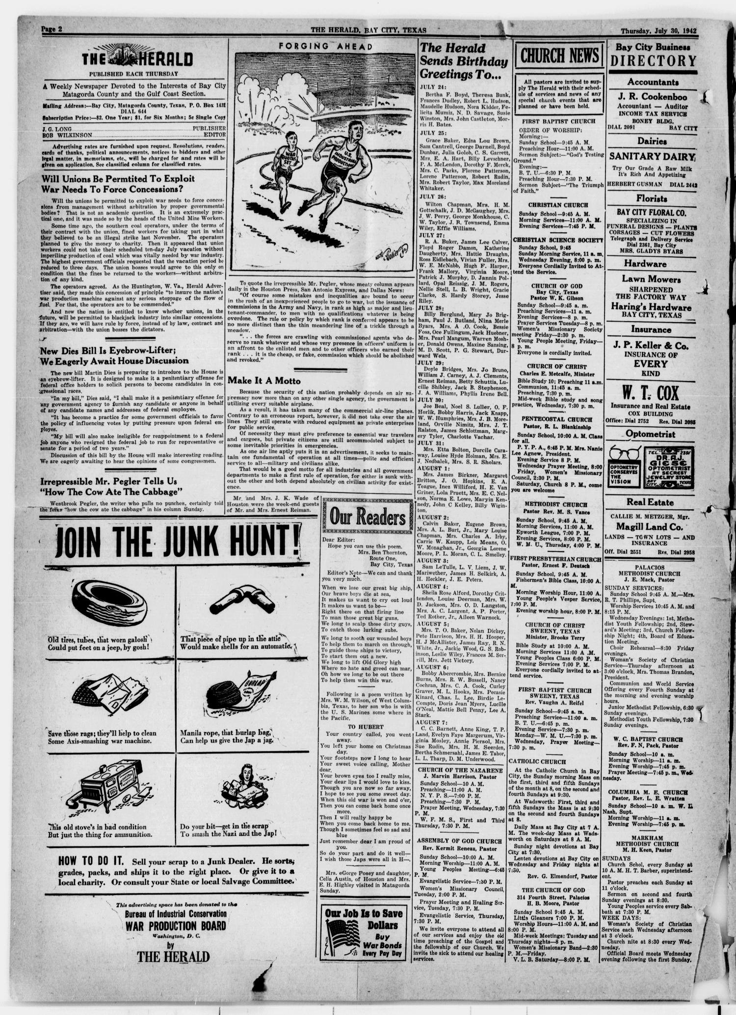 The Herald (Bay City, Tex.), Vol. 3, No. 44, Ed. 1 Thursday, July 30, 1942
                                                
                                                    [Sequence #]: 2 of 8
                                                