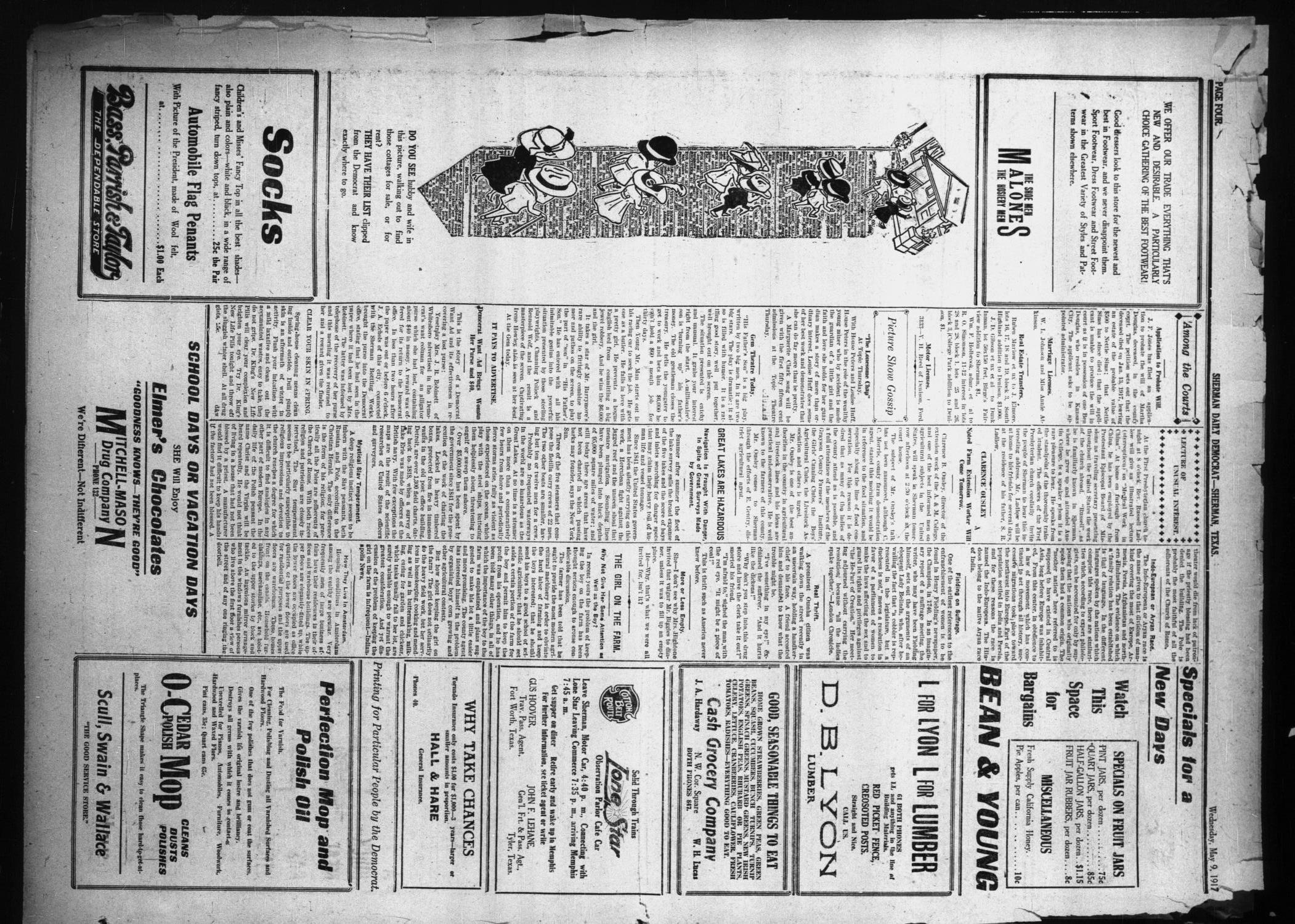 Sherman Daily Democrat (Sherman, Tex.), Vol. THIRTY-SIXTH YEAR, Ed. 1 Wednesday, May 9, 1917
                                                
                                                    [Sequence #]: 4 of 8
                                                