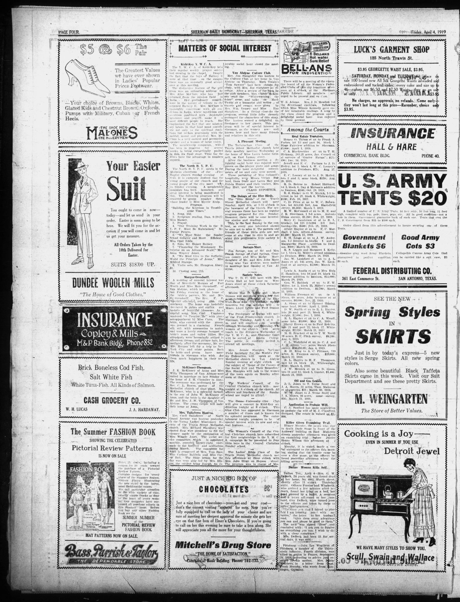 Sherman Daily Democrat (Sherman, Tex.), Vol. THIRTY-EITHTH YEAR, Ed. 1 Friday, April 4, 1919
                                                
                                                    [Sequence #]: 4 of 8
                                                