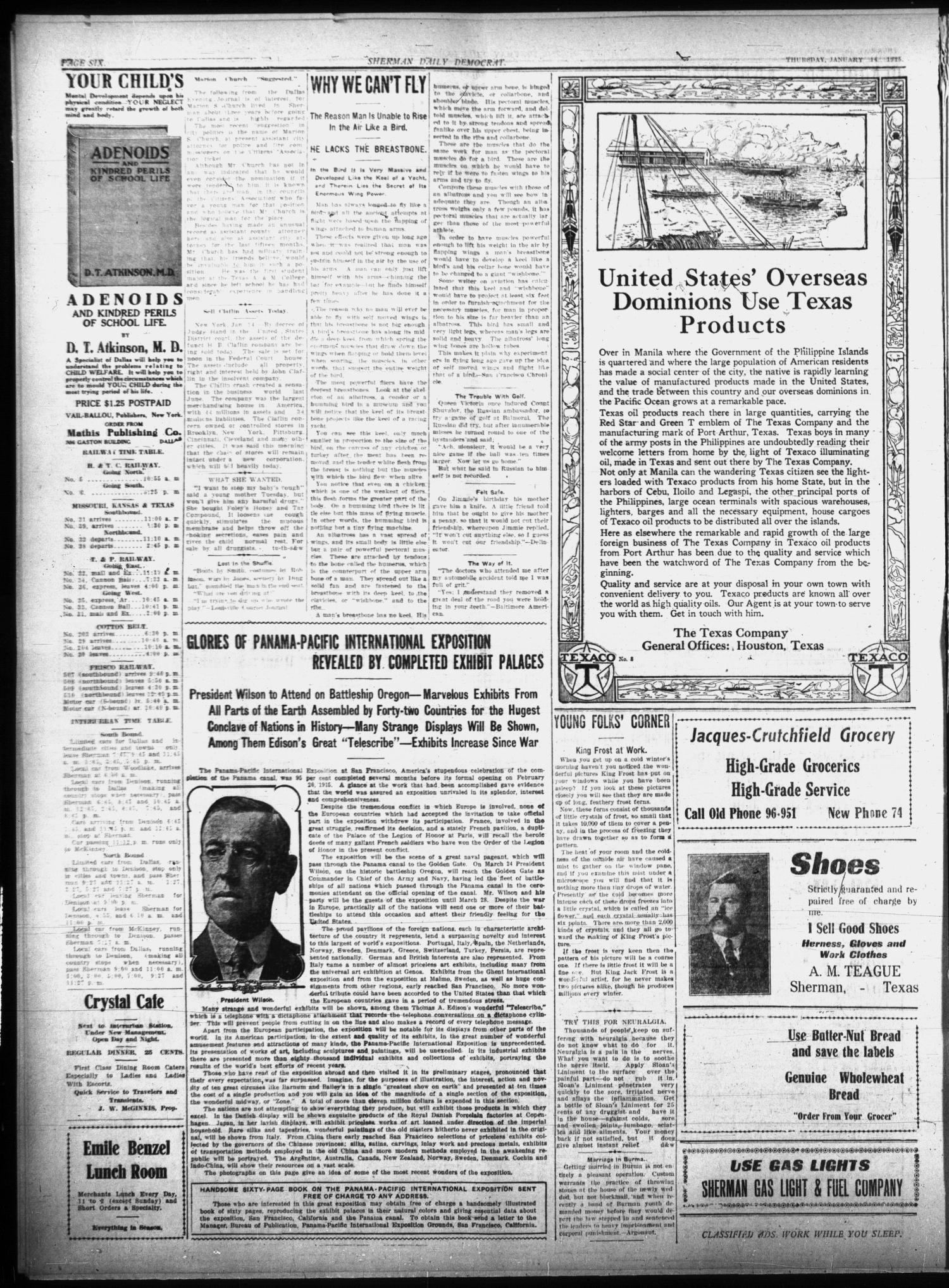 Sherman Daily Democrat (Sherman, Tex.), Vol. THIRTY-FOURTH YEAR, Ed. 1 Thursday, January 14, 1915
                                                
                                                    [Sequence #]: 6 of 8
                                                