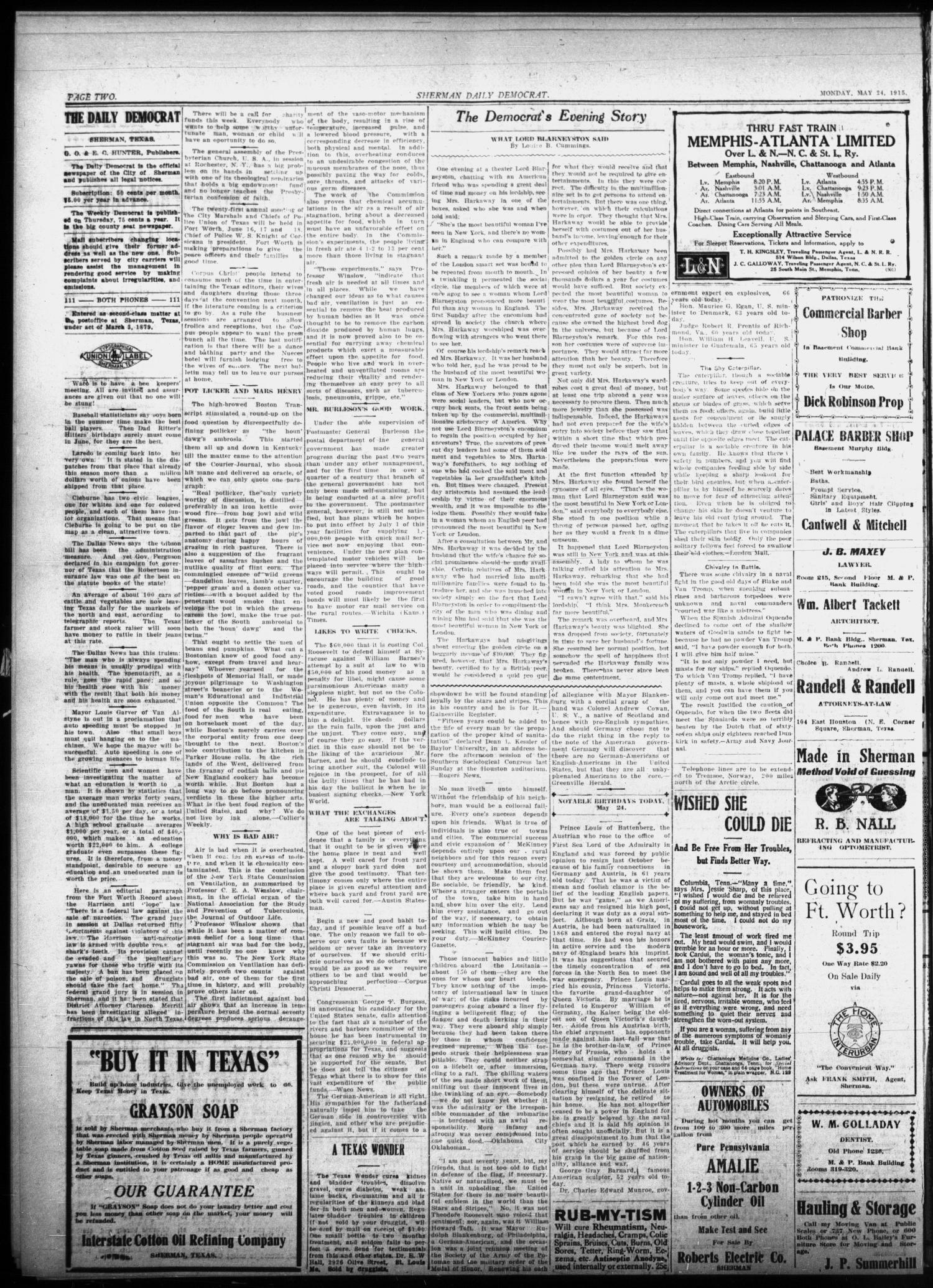 Sherman Daily Democrat (Sherman, Tex.), Vol. THIRTY-FOURTH YEAR, Ed. 1 Monday, May 24, 1915
                                                
                                                    [Sequence #]: 2 of 8
                                                