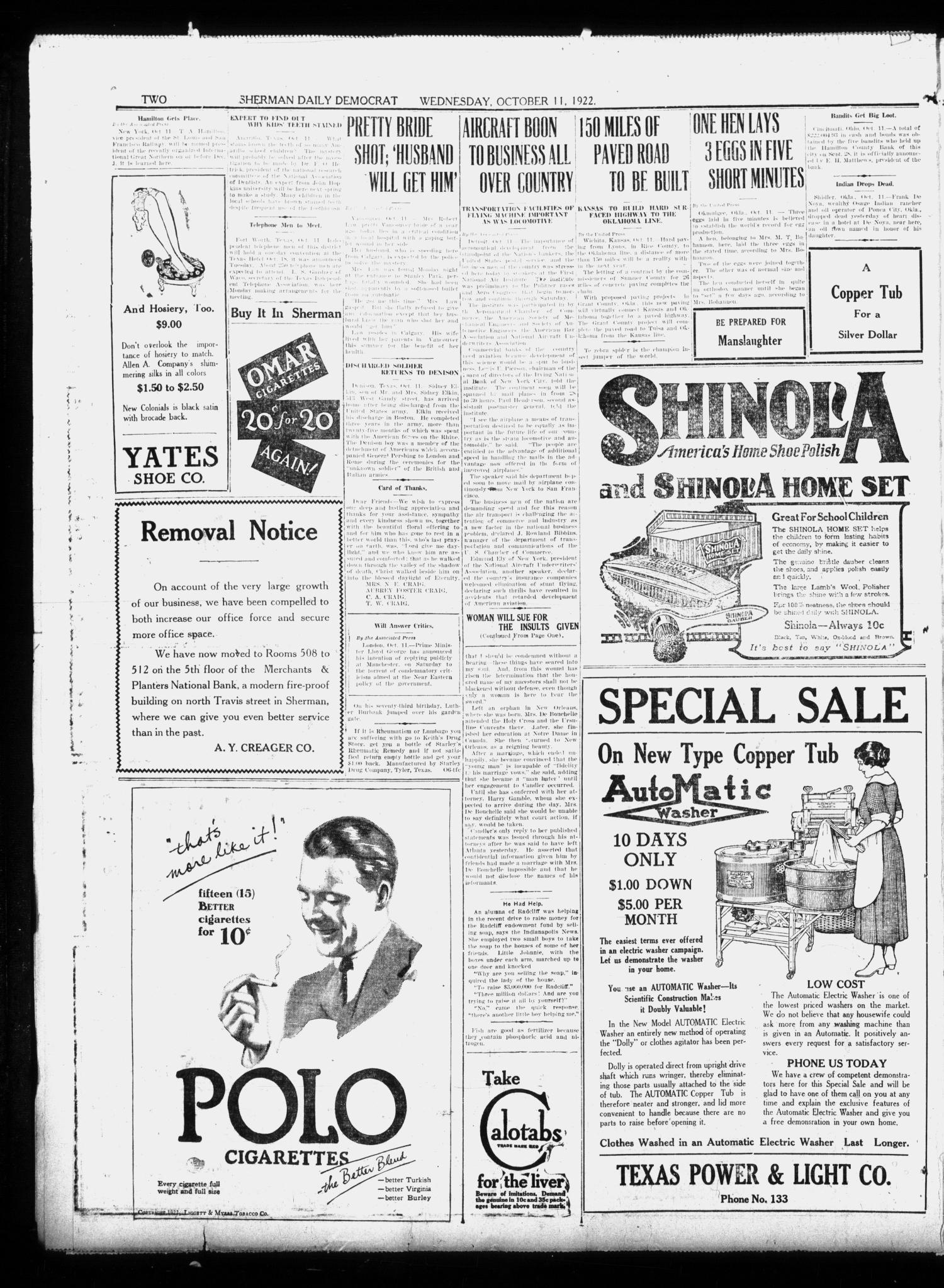 Sherman Daily Democrat (Sherman, Tex.), Vol. 41, No. 73, Ed. 1 Wednesday, October 11, 1922
                                                
                                                    [Sequence #]: 2 of 8
                                                
