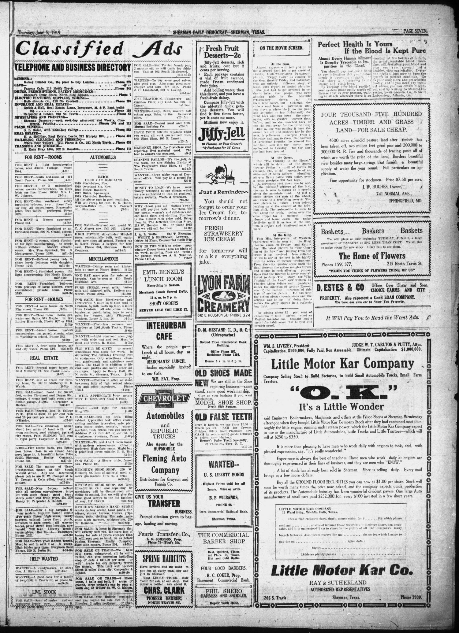 Sherman Daily Democrat (Sherman, Tex.), Vol. THIRTY-EITHTH YEAR, Ed. 1 Thursday, June 5, 1919
                                                
                                                    [Sequence #]: 7 of 8
                                                
