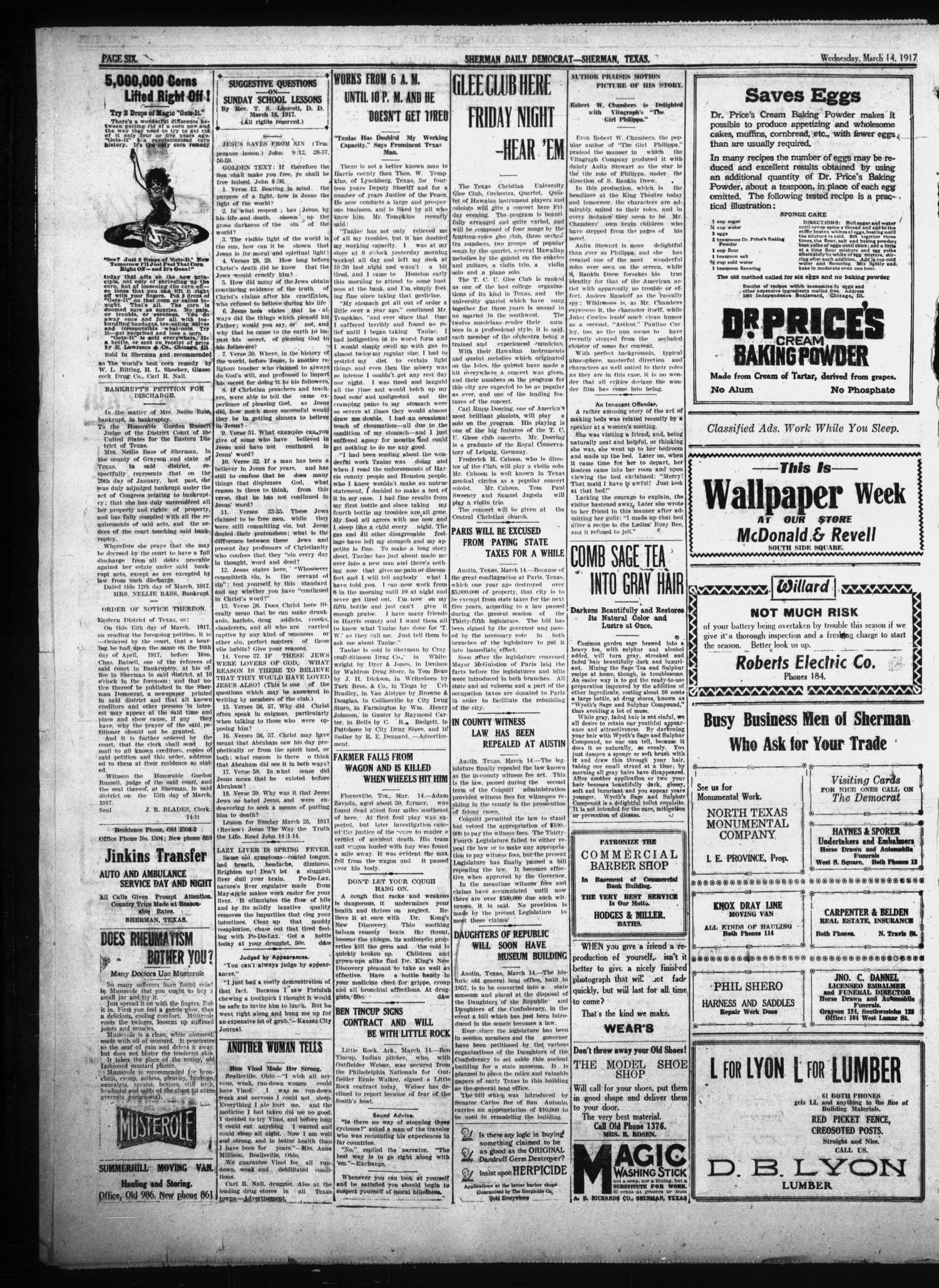 Sherman Daily Democrat (Sherman, Tex.), Vol. THIRTY-SIXTH YEAR, Ed. 1 Wednesday, March 14, 1917
                                                
                                                    [Sequence #]: 6 of 8
                                                