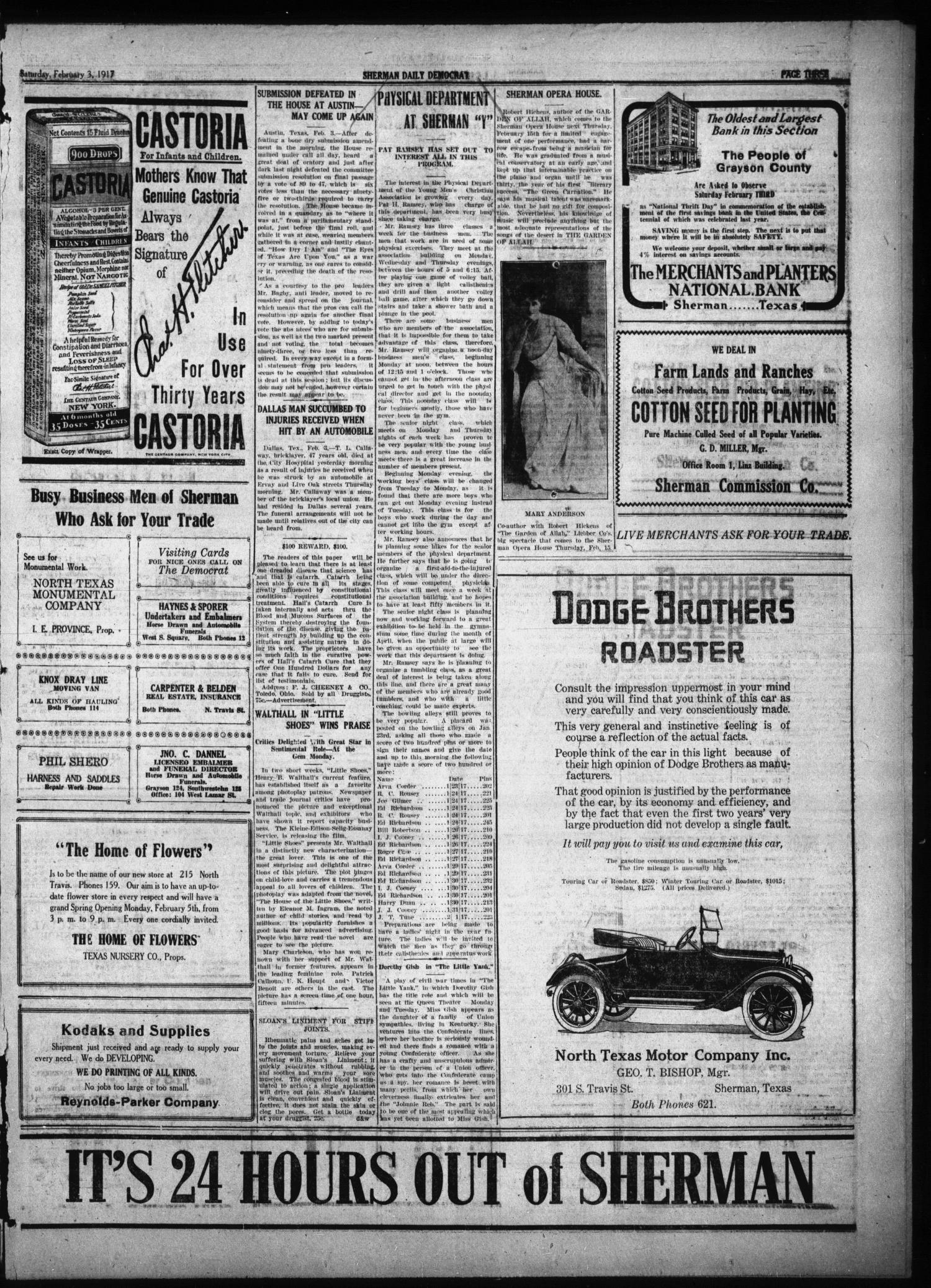 Sherman Daily Democrat (Sherman, Tex.), Vol. THIRTY-SIXTH YEAR, Ed. 1 Saturday, February 3, 1917
                                                
                                                    [Sequence #]: 3 of 8
                                                