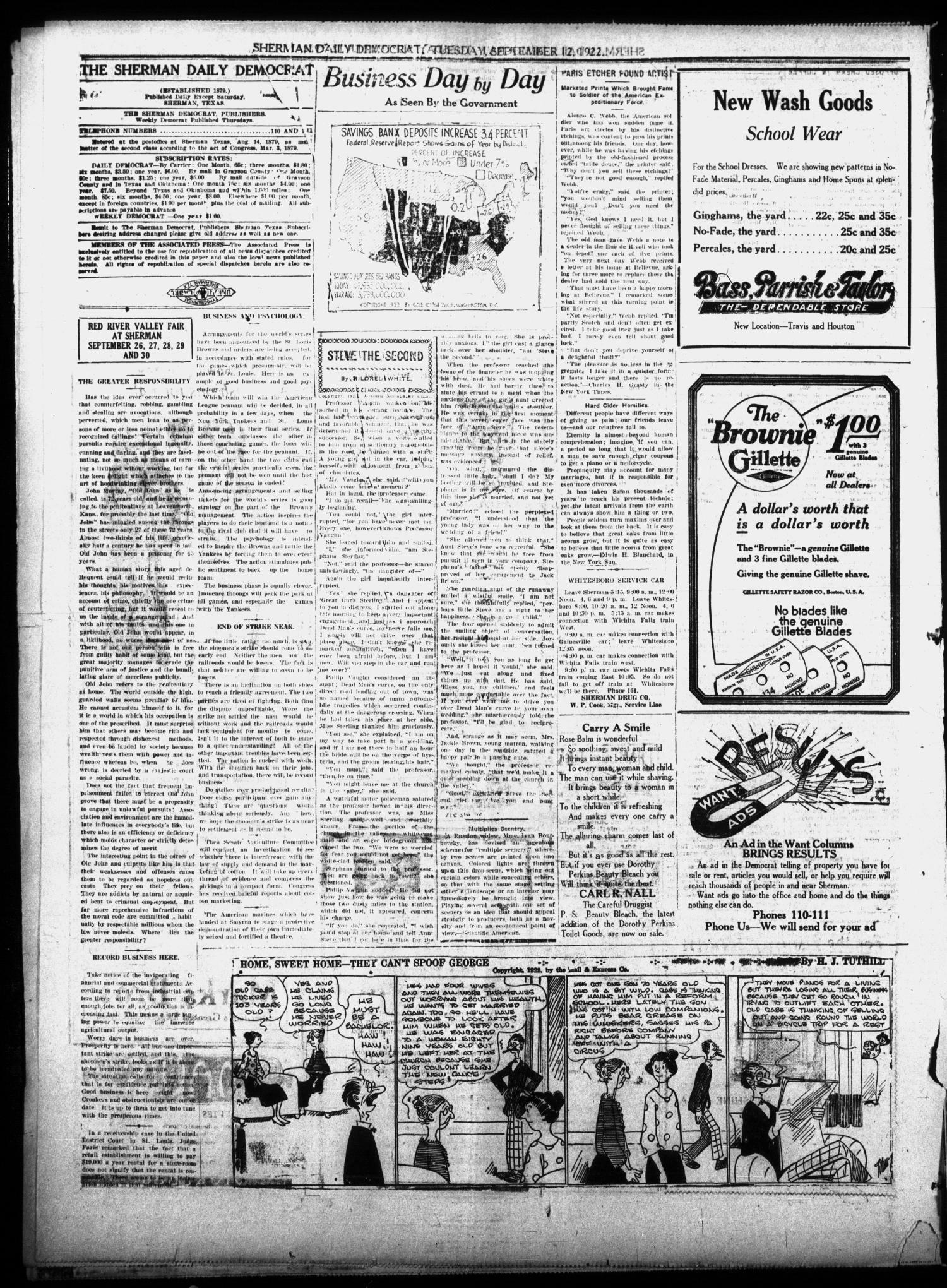 Sherman Daily Democrat (Sherman, Tex.), Vol. 42, No. 46, Ed. 1 Tuesday, September 12, 1922
                                                
                                                    [Sequence #]: 4 of 8
                                                