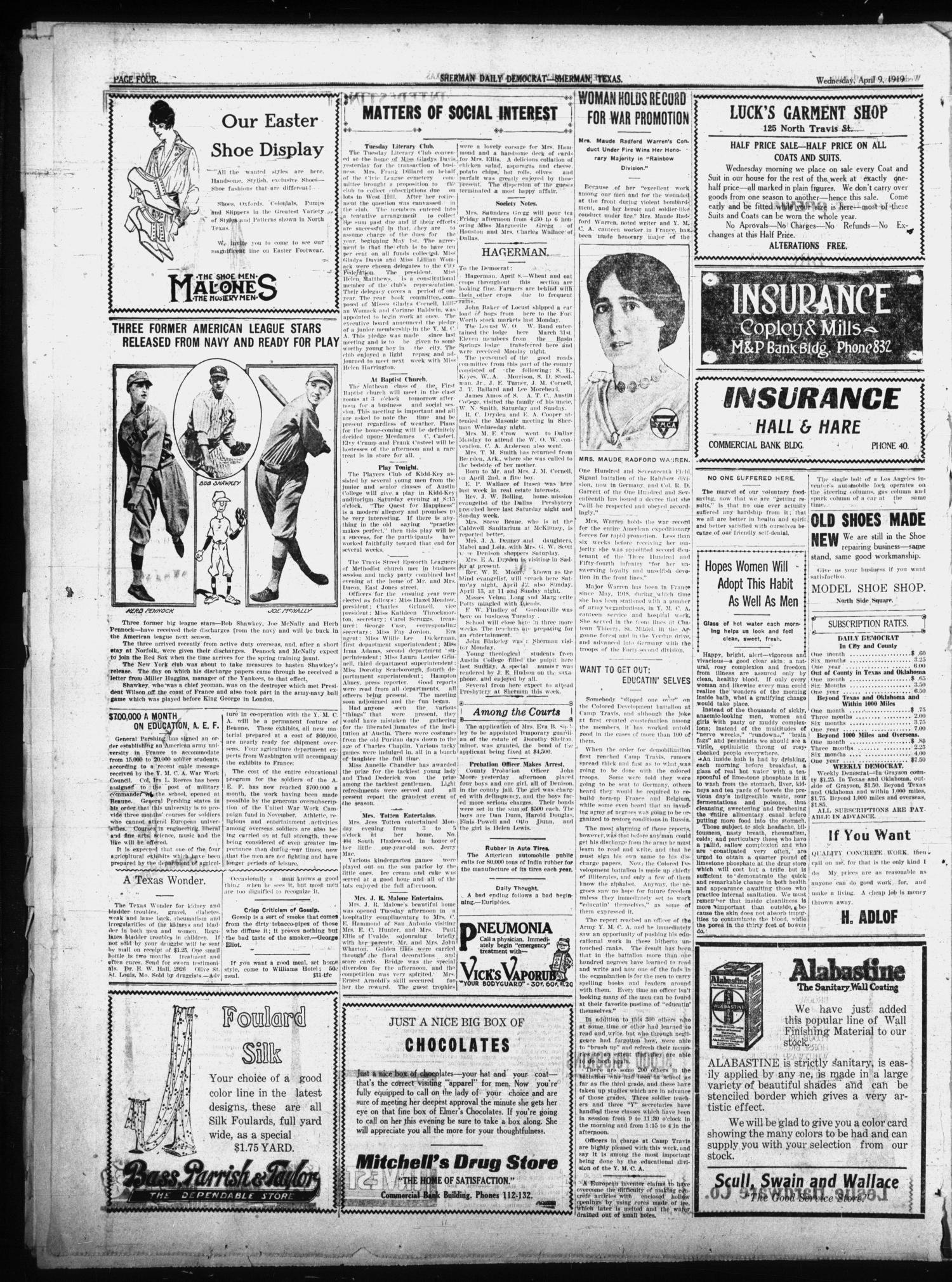 Sherman Daily Democrat (Sherman, Tex.), Vol. THIRTY-EITHTH YEAR, Ed. 1 Wednesday, April 9, 1919
                                                
                                                    [Sequence #]: 4 of 8
                                                