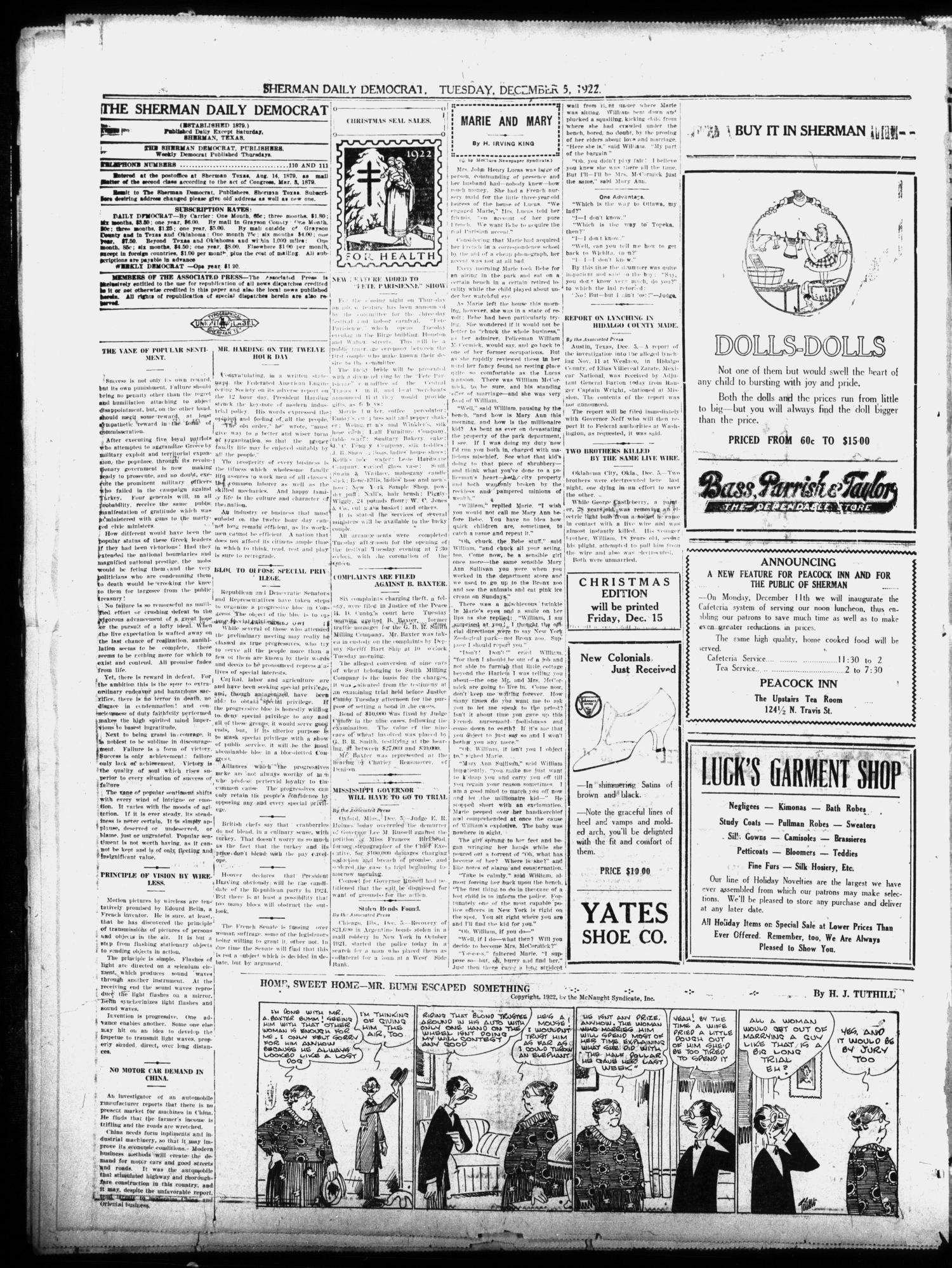 Sherman Daily Democrat (Sherman, Tex.), Vol. 41, No. 122, Ed. 1 Tuesday, December 5, 1922
                                                
                                                    [Sequence #]: 4 of 8
                                                