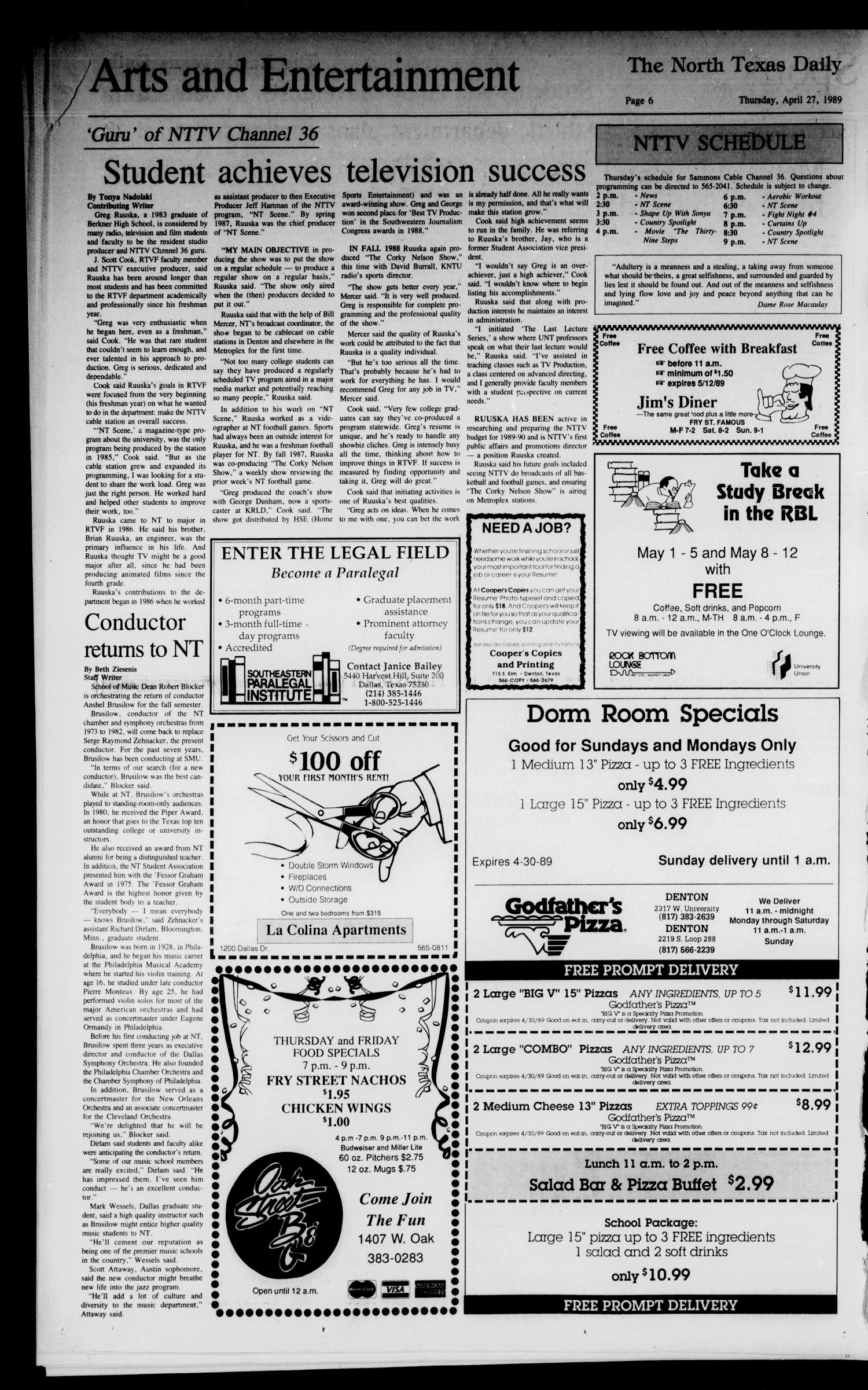 The North Texas Daily (Denton, Tex.), Vol. 72, No. 108, Ed. 1 Thursday, April 27, 1989
                                                
                                                    [Sequence #]: 6 of 8
                                                