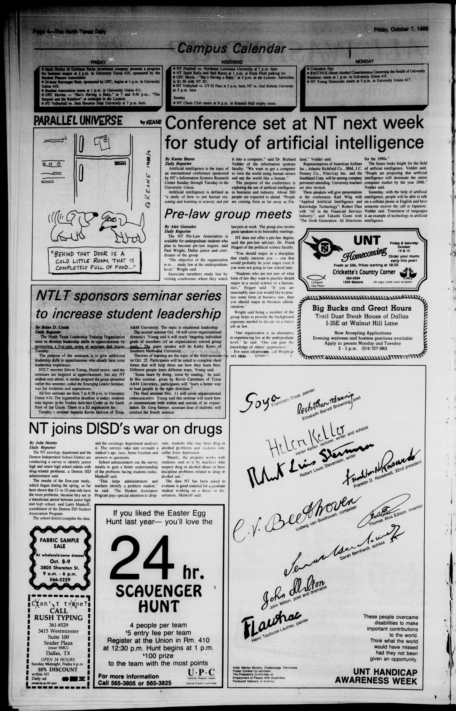 The North Texas Daily (Denton, Tex.), Vol. 72, No. 24, Ed. 1 Friday, October 7, 1988
                                                
                                                    [Sequence #]: 4 of 8
                                                