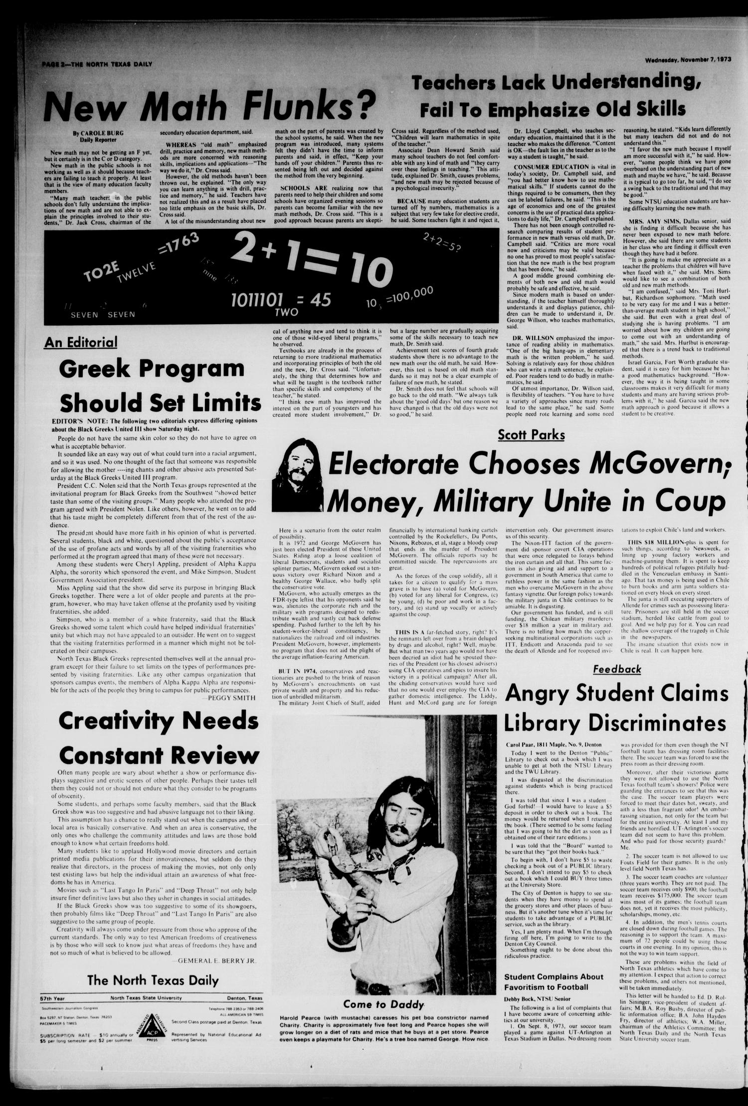 The North Texas Daily (Denton, Tex.), Vol. 57, No. 38, Ed. 1 Wednesday, November 7, 1973
                                                
                                                    [Sequence #]: 2 of 6
                                                