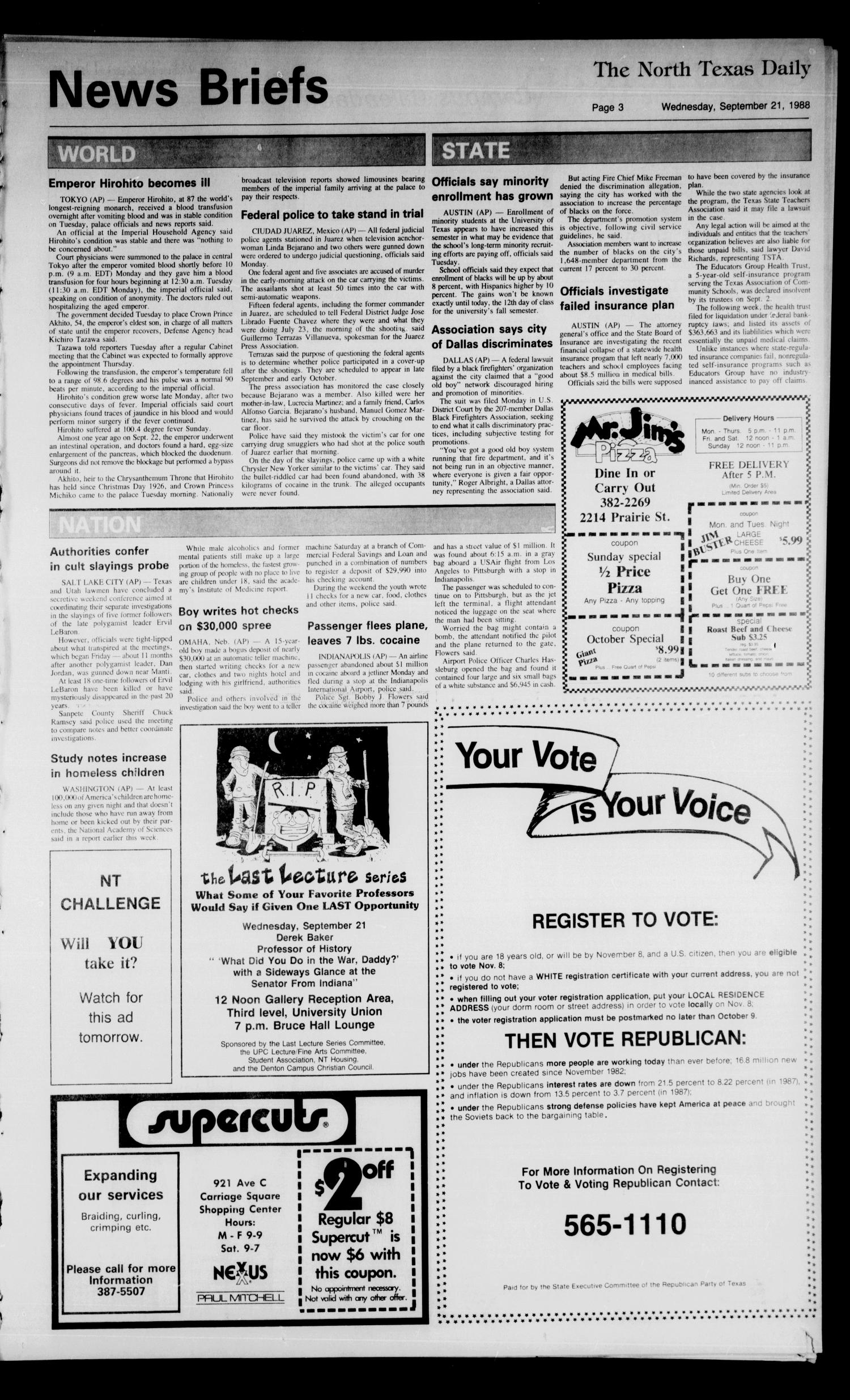 The North Texas Daily (Denton, Tex.), Vol. 72, No. 14, Ed. 1 Wednesday, September 21, 1988
                                                
                                                    [Sequence #]: 3 of 8
                                                