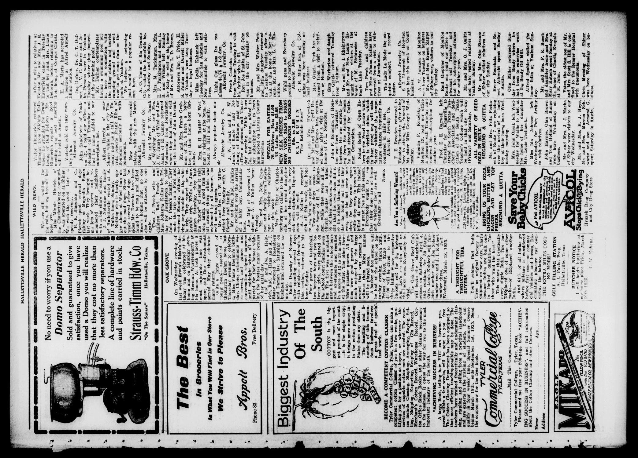 Semi-weekly Hallettsville Herald (Hallettsville, Tex.), Vol. 53, No. 84, Ed. 1 Friday, March 20, 1925
                                                
                                                    [Sequence #]: 3 of 4
                                                