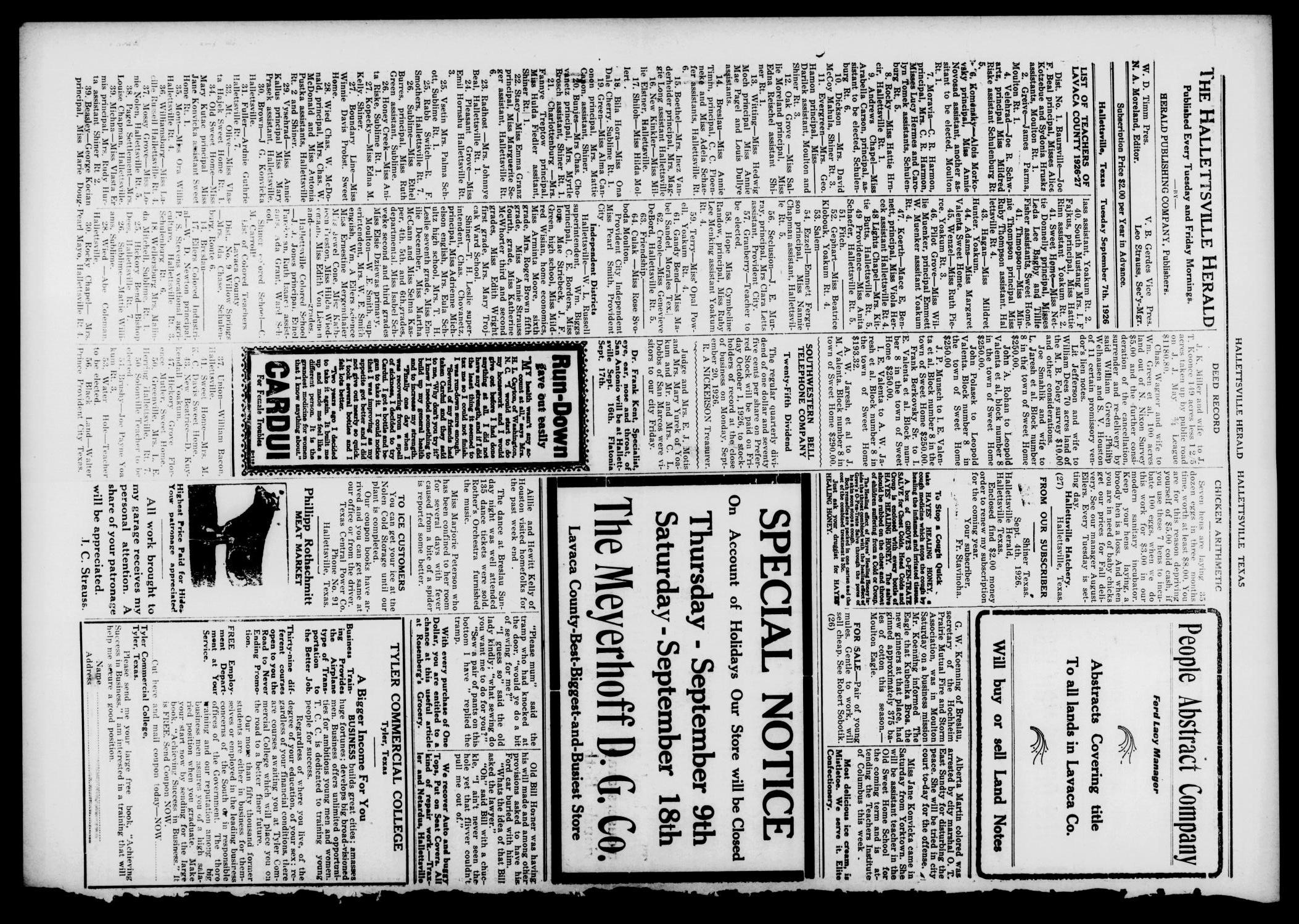 Semi-weekly Hallettsville Herald (Hallettsville, Tex.), Vol. 54, No. 26, Ed. 1 Tuesday, September 7, 1926
                                                
                                                    [Sequence #]: 2 of 4
                                                