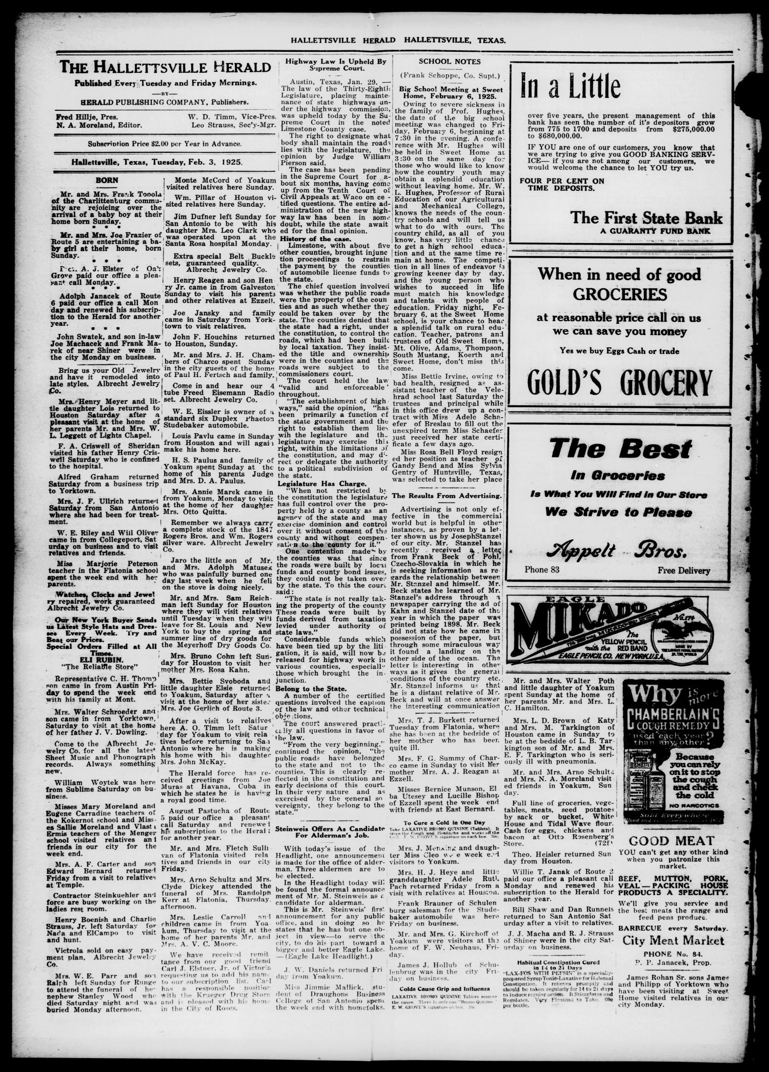 Semi-weekly Hallettsville Herald (Hallettsville, Tex.), Vol. 53, No. 71, Ed. 1 Tuesday, February 3, 1925
                                                
                                                    [Sequence #]: 2 of 4
                                                
