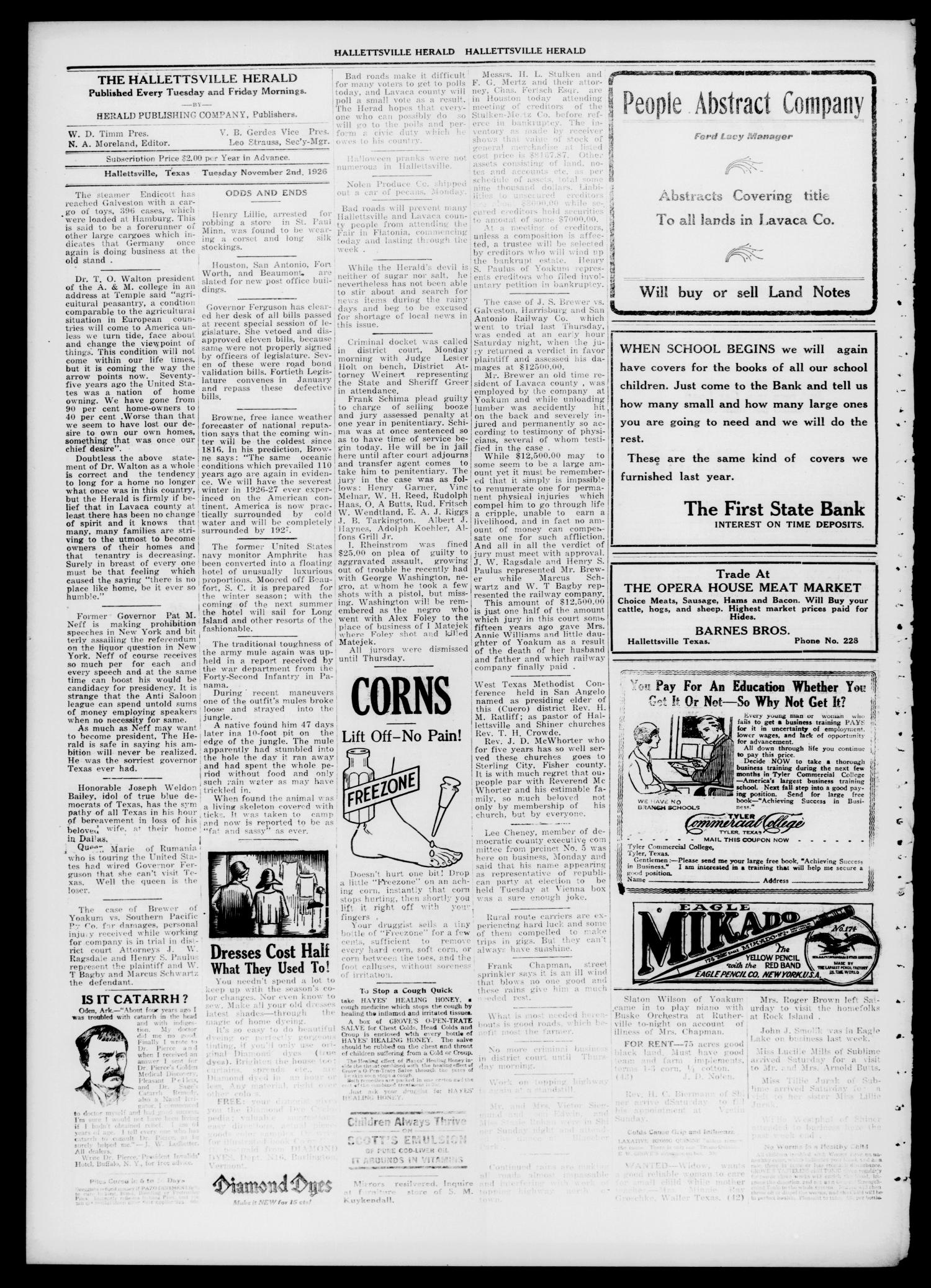 Semi-weekly Hallettsville Herald (Hallettsville, Tex.), Vol. 54, No. 42, Ed. 1 Tuesday, November 2, 1926
                                                
                                                    [Sequence #]: 2 of 4
                                                