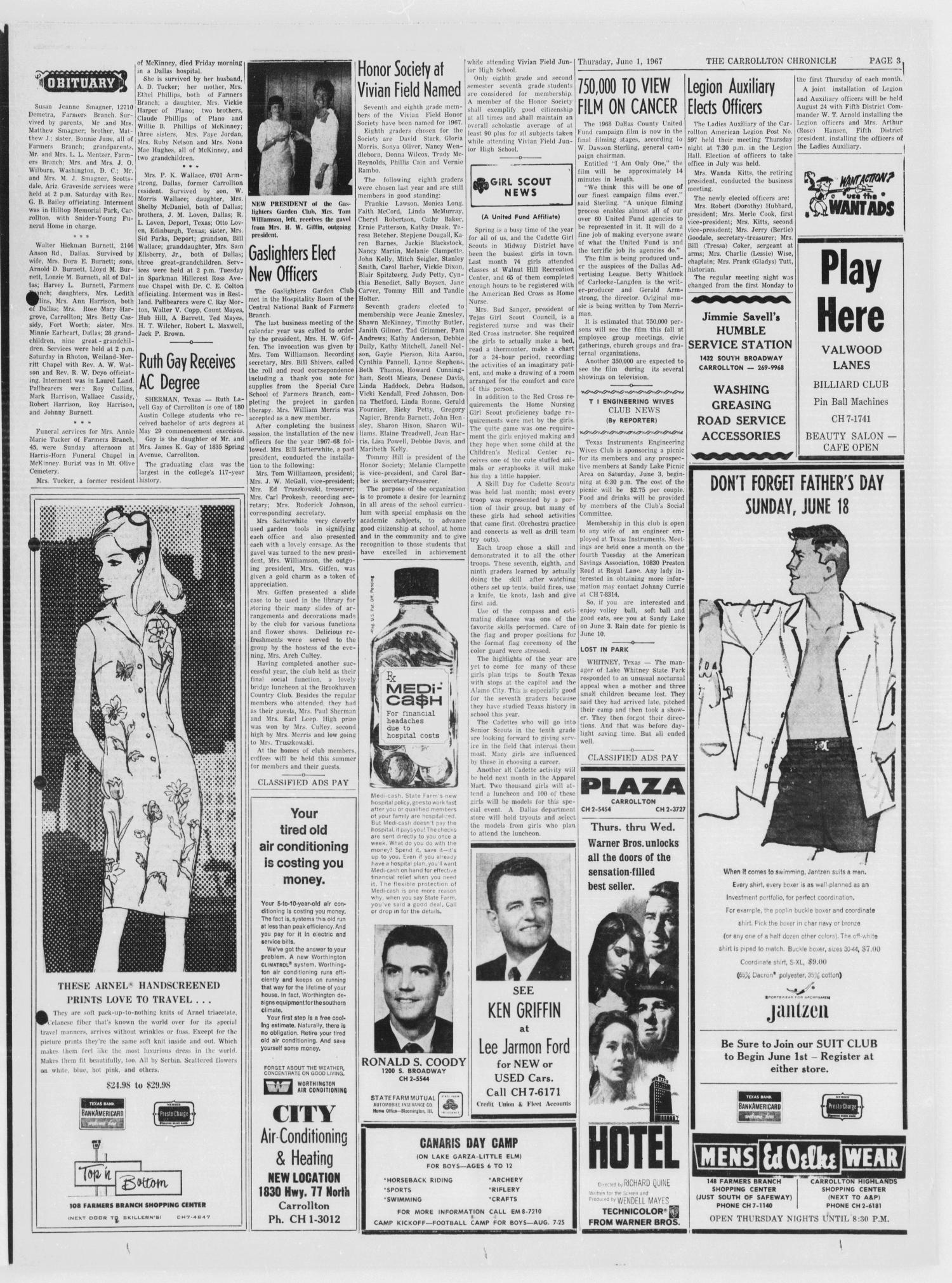 The Carrollton Chronicle (Carrollton, Tex.), Vol. 63, No. 29, Ed. 1 Thursday, June 1, 1967
                                                
                                                    [Sequence #]: 3 of 8
                                                