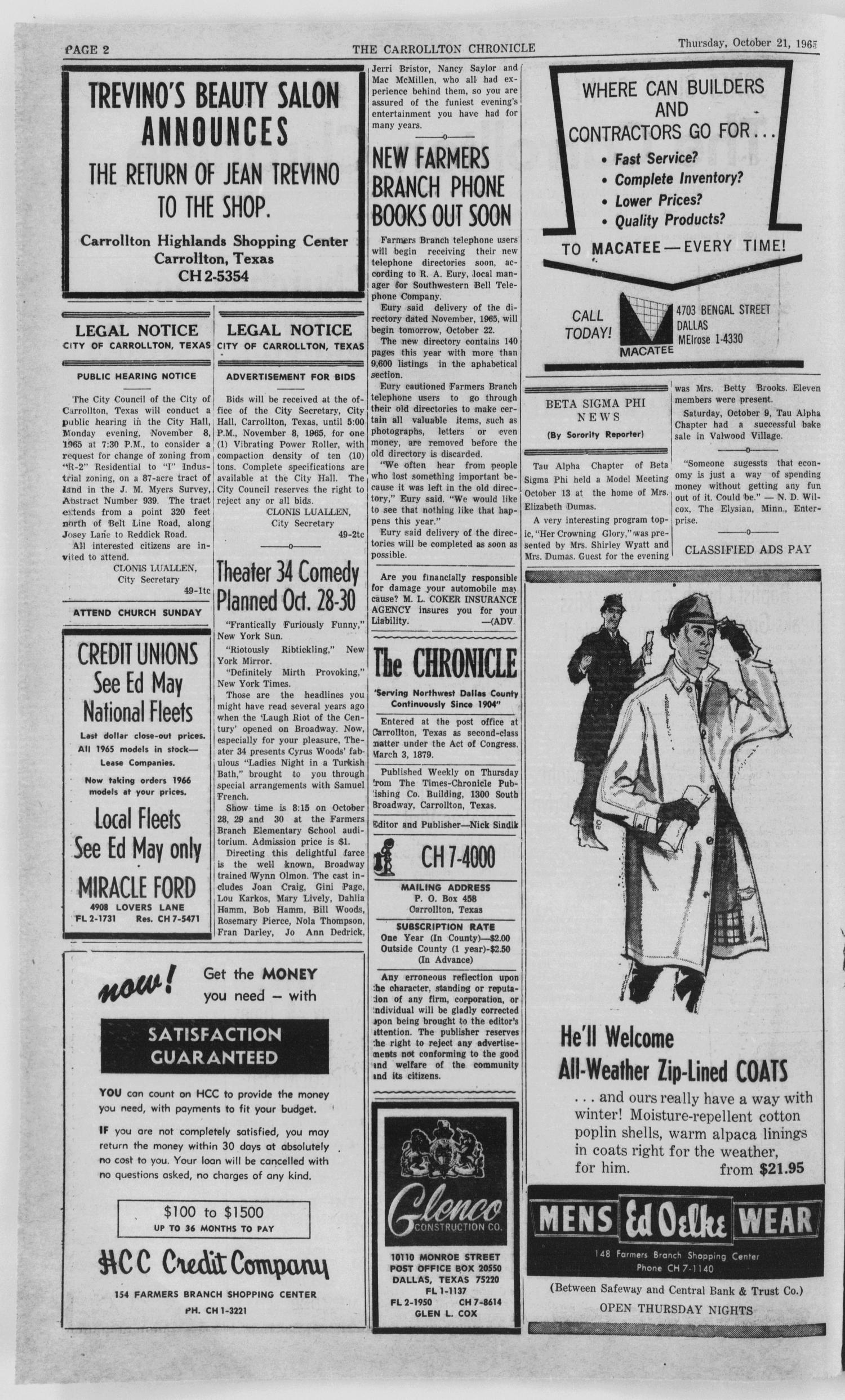 The Carrollton Chronicle (Carrollton, Tex.), Vol. 61, No. 49, Ed. 1 Thursday, October 21, 1965
                                                
                                                    [Sequence #]: 2 of 16
                                                