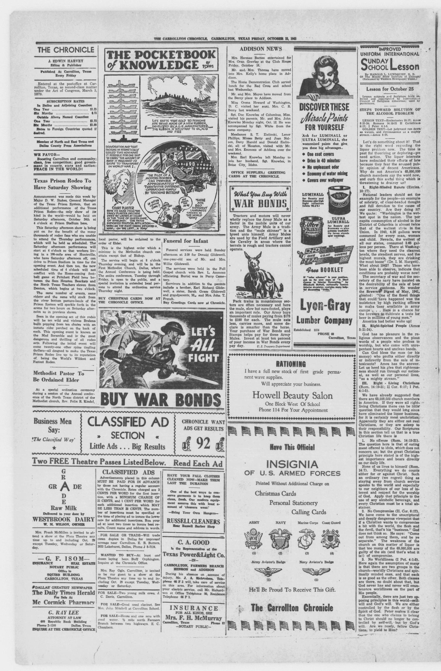 The Carrollton Chronicle (Carrollton, Tex.), Vol. 38, No. 51, Ed. 1 Friday, October 23, 1942
                                                
                                                    [Sequence #]: 2 of 4
                                                
