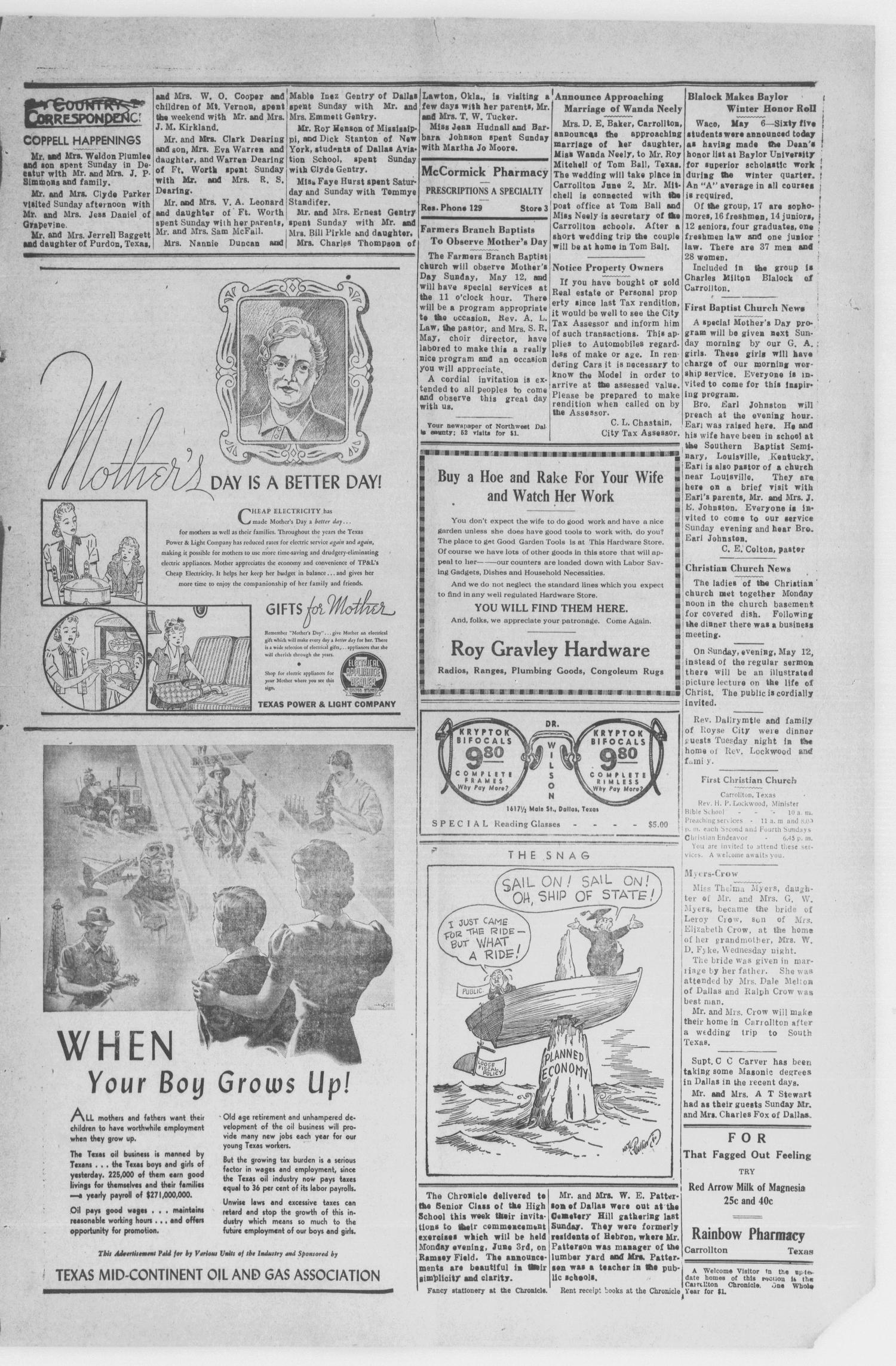 The Carrollton Chronicle (Carrollton, Tex.), Vol. 36, No. 27, Ed. 1 Friday, May 10, 1940
                                                
                                                    [Sequence #]: 3 of 4
                                                