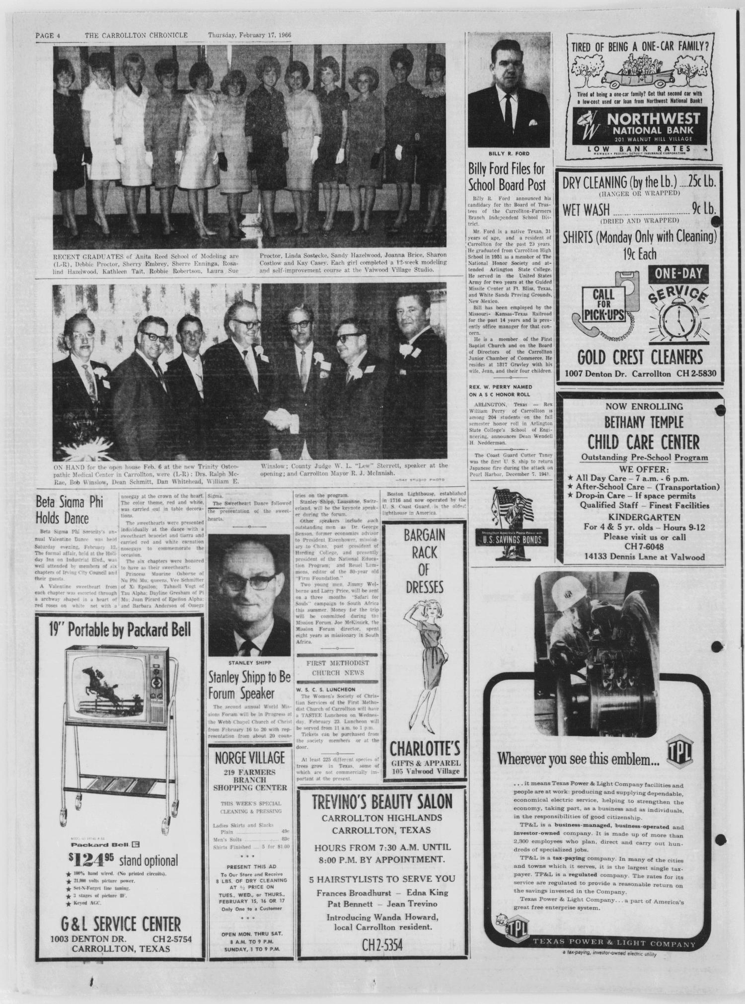 The Carrollton Chronicle (Carrollton, Tex.), Vol. 62, No. 14, Ed. 1 Thursday, February 17, 1966
                                                
                                                    [Sequence #]: 4 of 8
                                                