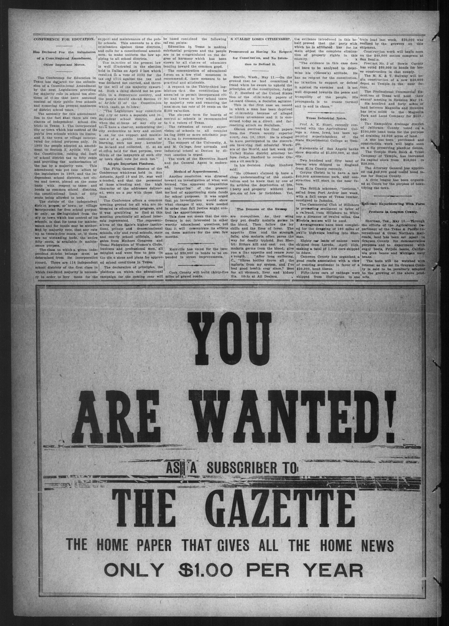 Jacksboro Gazette (Jacksboro, Tex.), Vol. 32, No. 51, Ed. 1 Thursday, May 16, 1912
                                                
                                                    [Sequence #]: 2 of 8
                                                