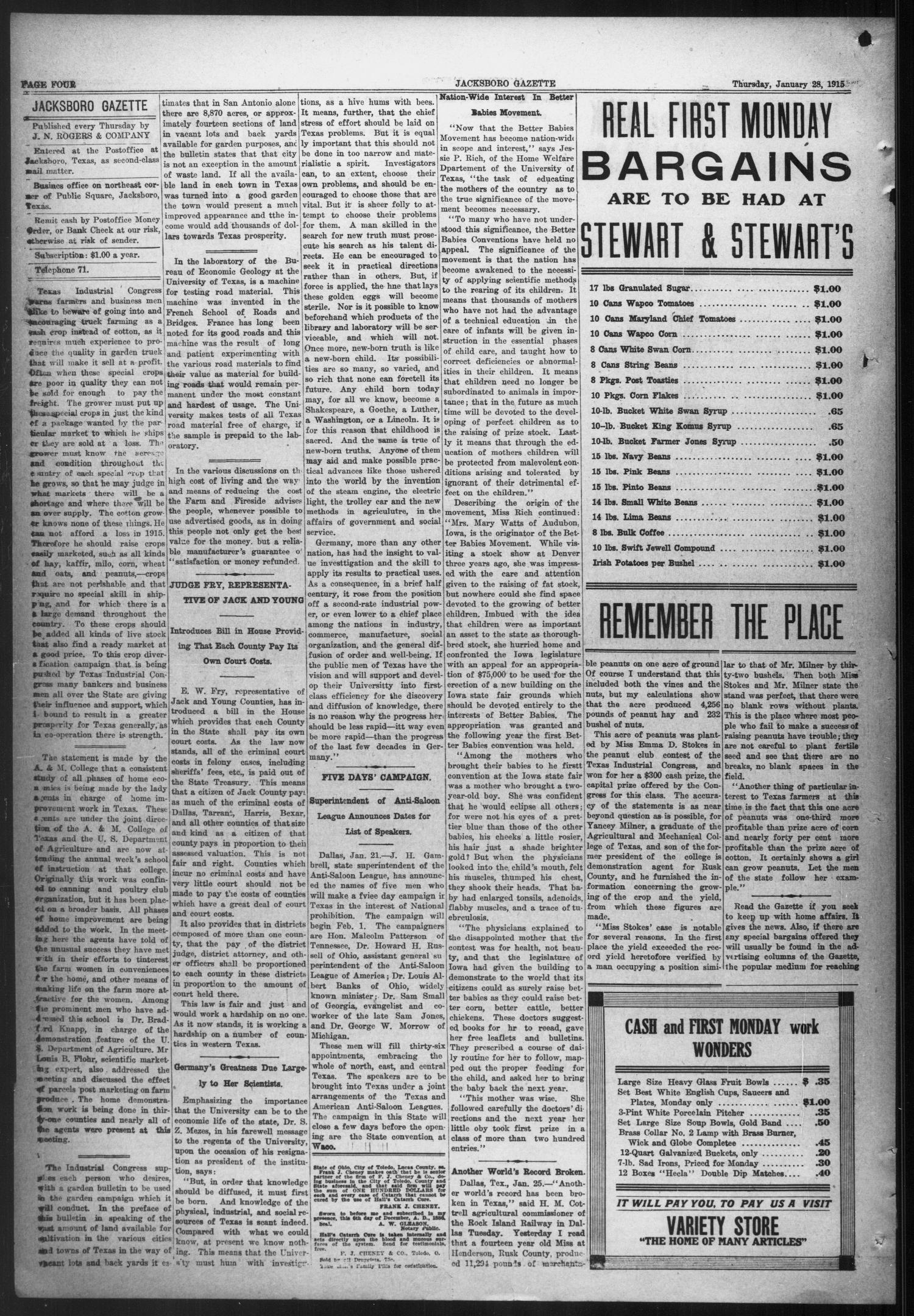 Jacksboro Gazette (Jacksboro, Tex.), Vol. 35, No. 33, Ed. 1 Thursday, January 28, 1915
                                                
                                                    [Sequence #]: 4 of 8
                                                