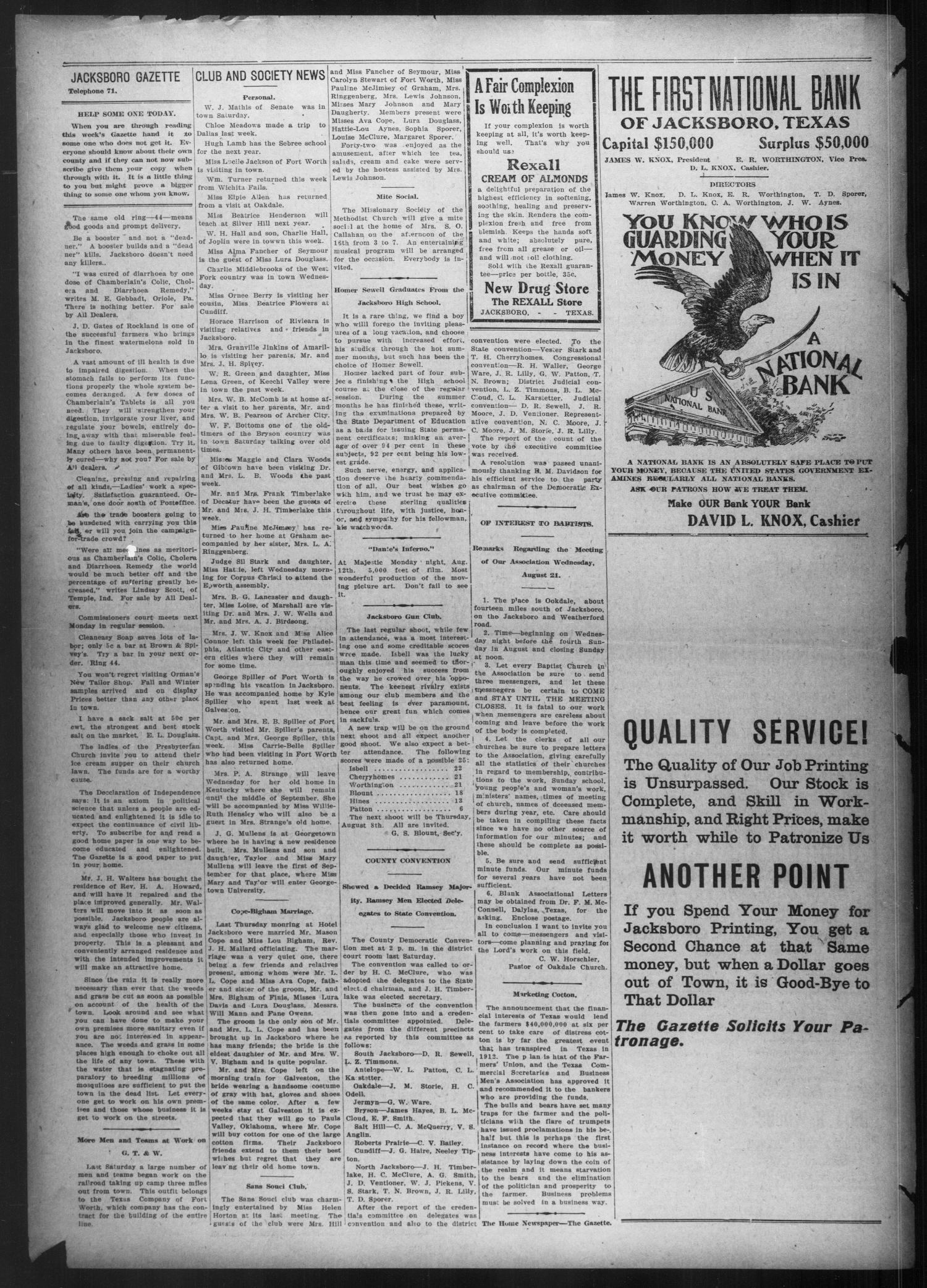 Jacksboro Gazette (Jacksboro, Tex.), Vol. 33, No. 10, Ed. 1 Thursday, August 8, 1912
                                                
                                                    [Sequence #]: 8 of 8
                                                