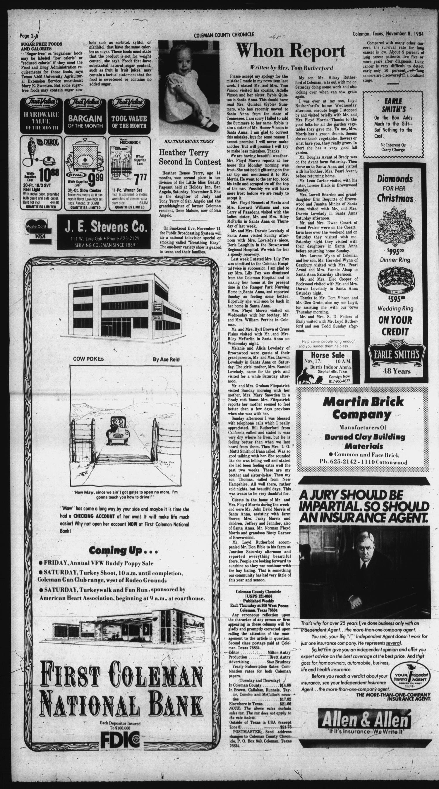 Coleman County Chronicle (Coleman, Tex.), Vol. recr, No. 51, Ed. 1 Thursday, November 8, 1984
                                                
                                                    [Sequence #]: 2 of 20
                                                