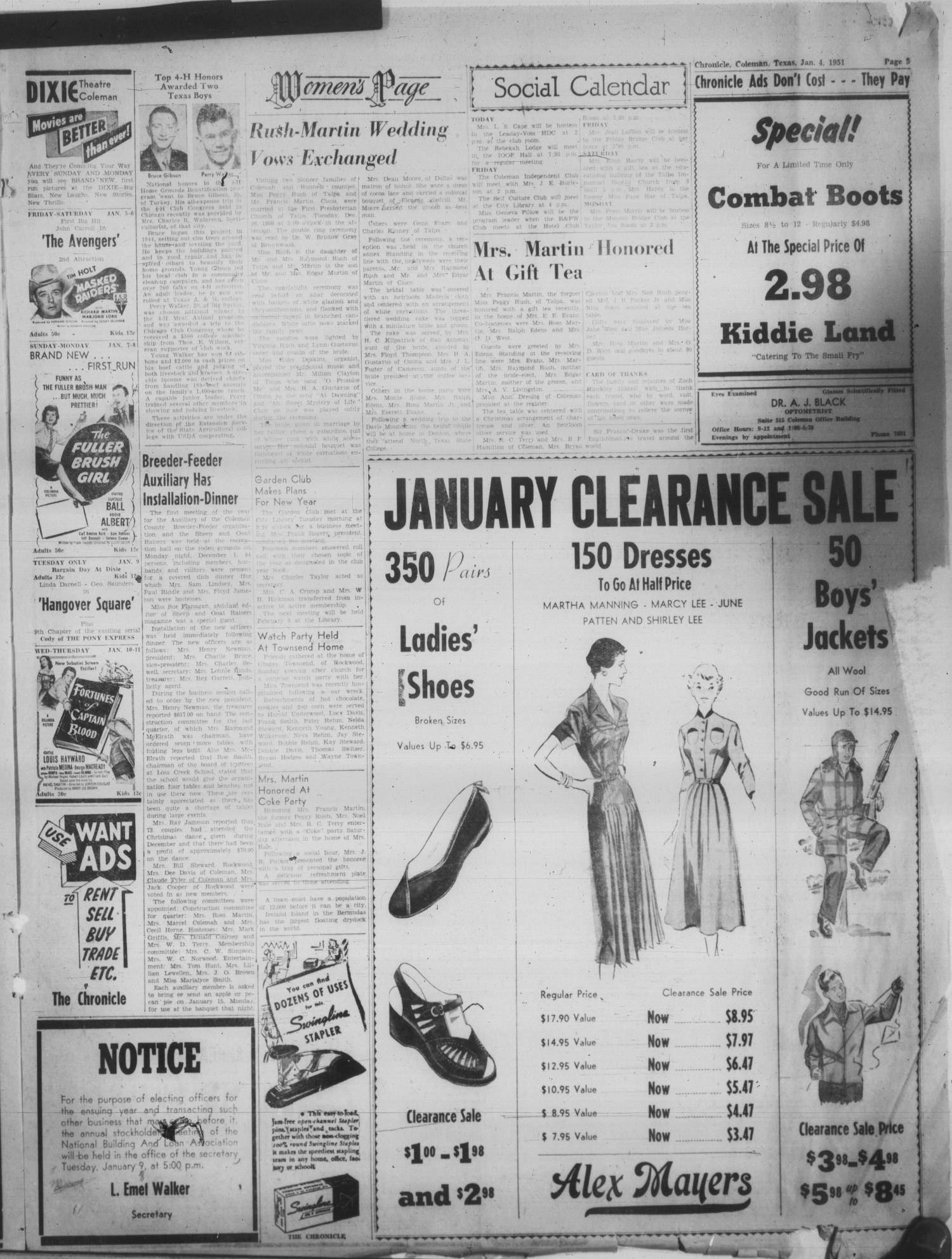Coleman County Chronicle (Coleman, Tex.), Vol. 19, No. 8, Ed. 1 Thursday, January 4, 1951
                                                
                                                    [Sequence #]: 5 of 12
                                                