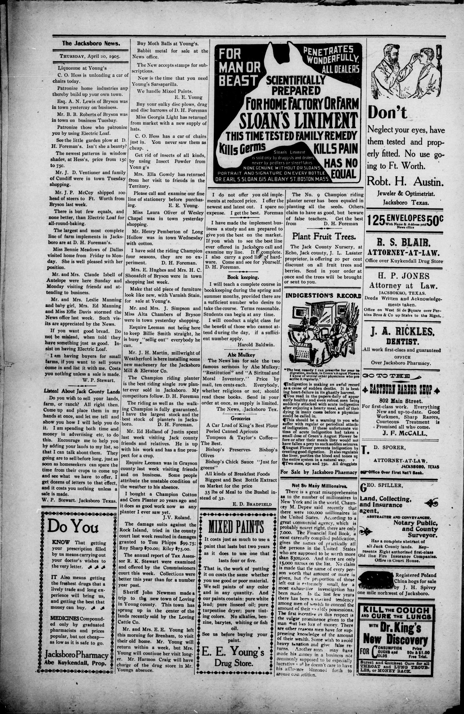 The Jacksboro News (Jacksboro, Tex.), Vol. 11, No. 3, Ed. 1 Thursday, April 20, 1905
                                                
                                                    [Sequence #]: 8 of 9
                                                