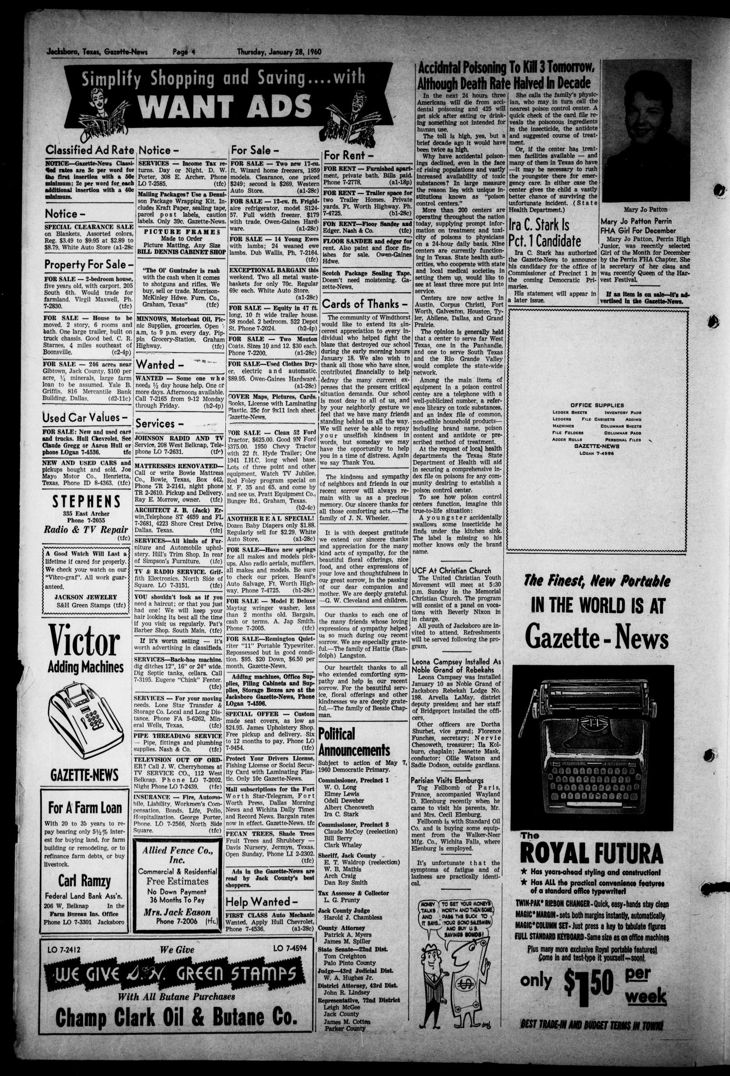 Jacksboro Gazette-News (Jacksboro, Tex.), Vol. 80, No. 28, Ed. 1 Thursday, January 28, 1960
                                                
                                                    [Sequence #]: 4 of 8
                                                