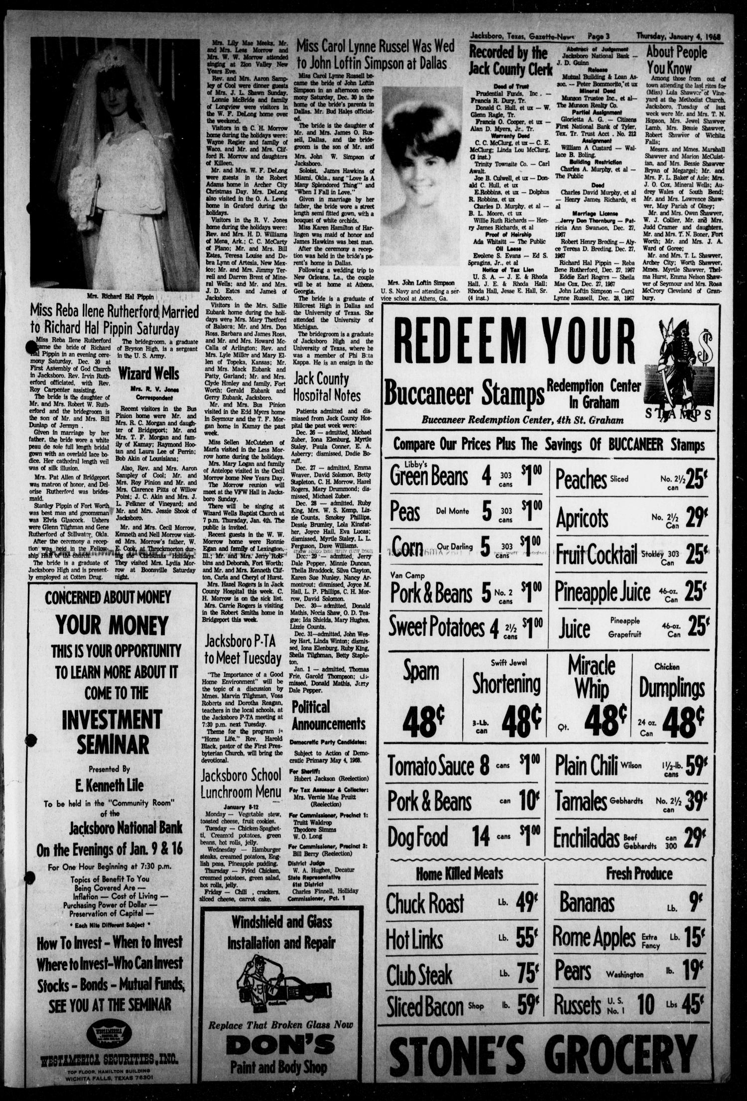 Jacksboro Gazette-News (Jacksboro, Tex.), Vol. EIGHTY-EIGHTH YEAR, No. 32, Ed. 0 Thursday, January 4, 1968
                                                
                                                    [Sequence #]: 3 of 6
                                                