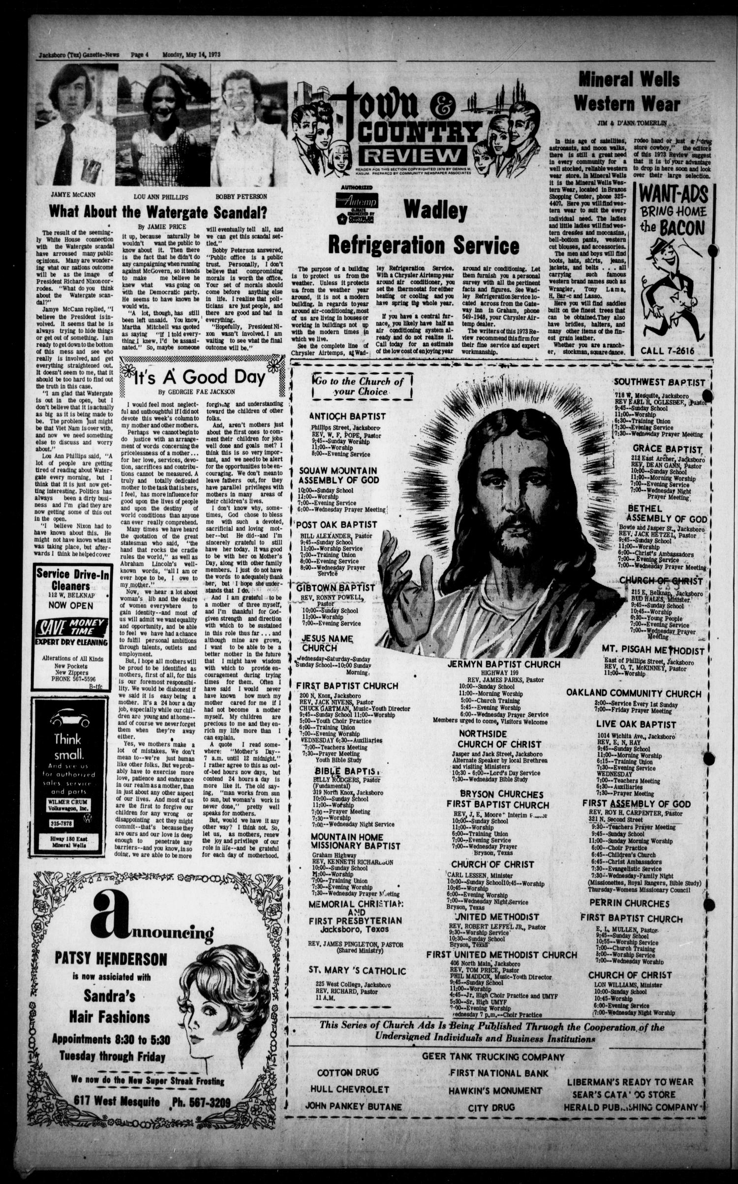 Jacksboro Gazette-News (Jacksboro, Tex.), Vol. 93, No. 51, Ed. 1 Monday, May 14, 1973
                                                
                                                    [Sequence #]: 4 of 6
                                                