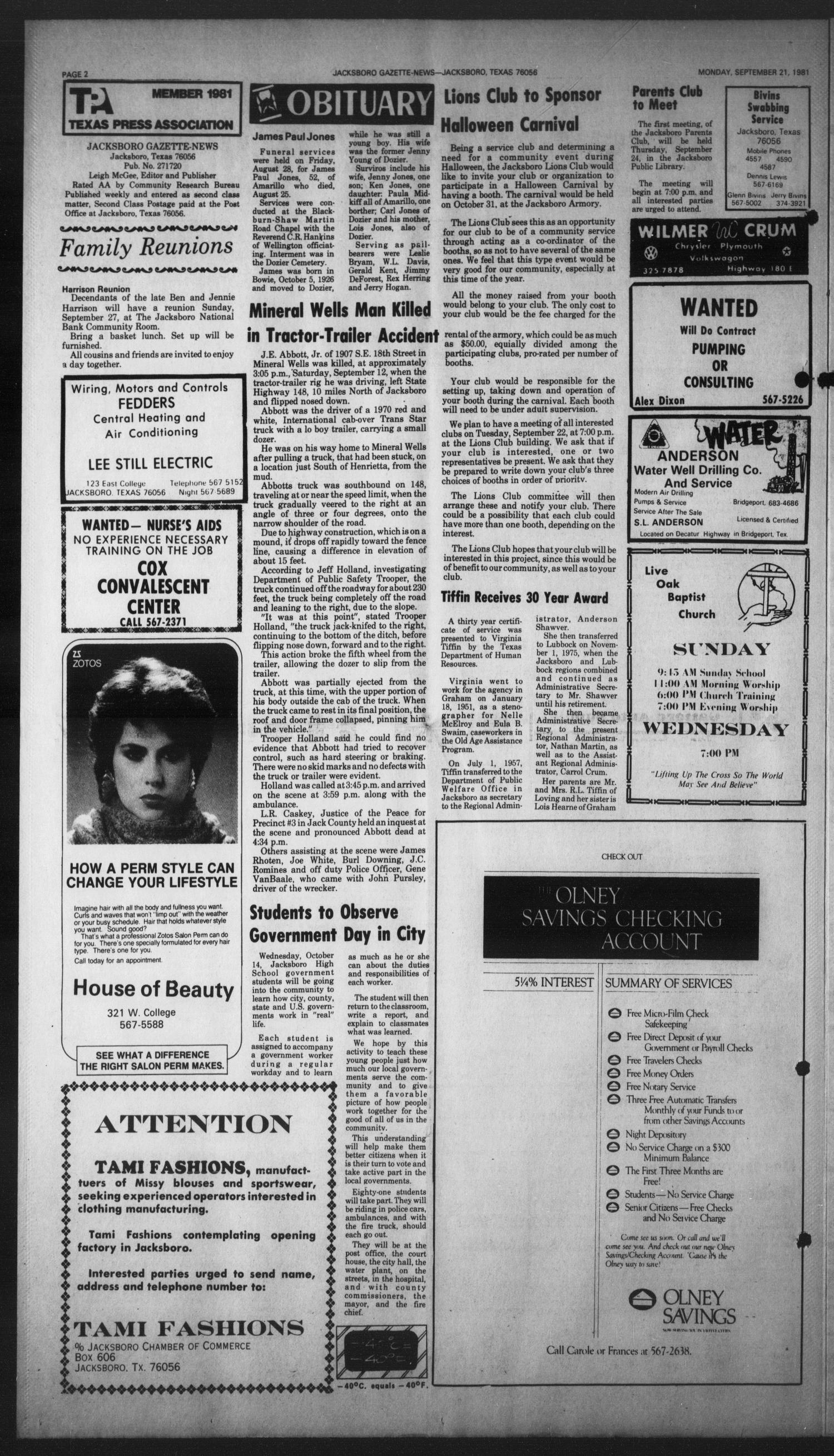 Jacksboro Gazette-News (Jacksboro, Tex.), Vol. 102, No. 19, Ed. 1 Monday, September 21, 1981
                                                
                                                    [Sequence #]: 2 of 10
                                                