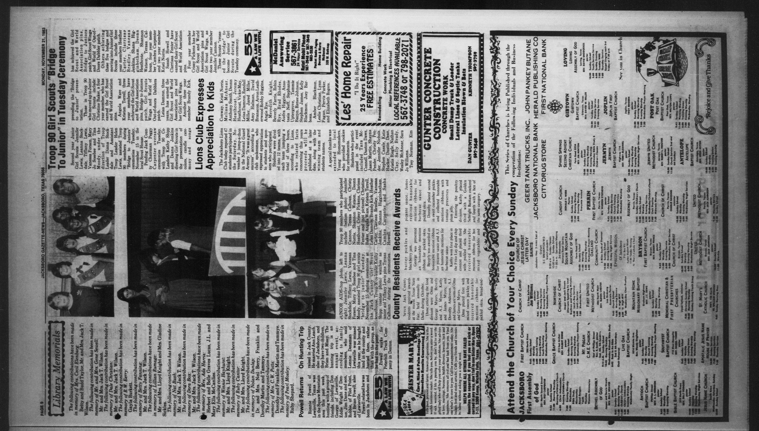 Jacksboro Gazette-News (Jacksboro, Tex.), Vol. 104, No. 28, Ed. 1 Monday, November 21, 1983
                                                
                                                    [Sequence #]: 9 of 14
                                                
