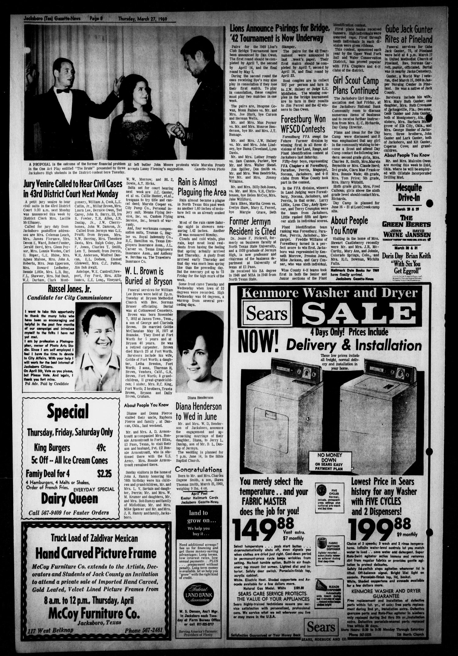 Jacksboro Gazette-News (Jacksboro, Tex.), Vol. EIGHTY-NINTH YEAR, No. 40, Ed. 0 Thursday, March 27, 1969
                                                
                                                    [Sequence #]: 8 of 8
                                                