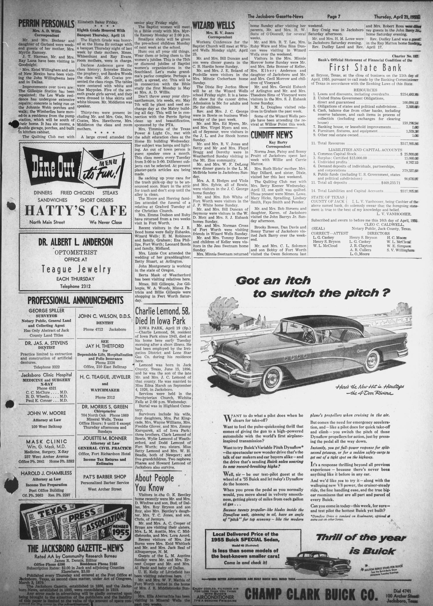 Jacksboro Gazette-News (Jacksboro, Tex.), Vol. 75, No. 47, Ed. 1 Thursday, April 21, 1955
                                                
                                                    [Sequence #]: 7 of 8
                                                