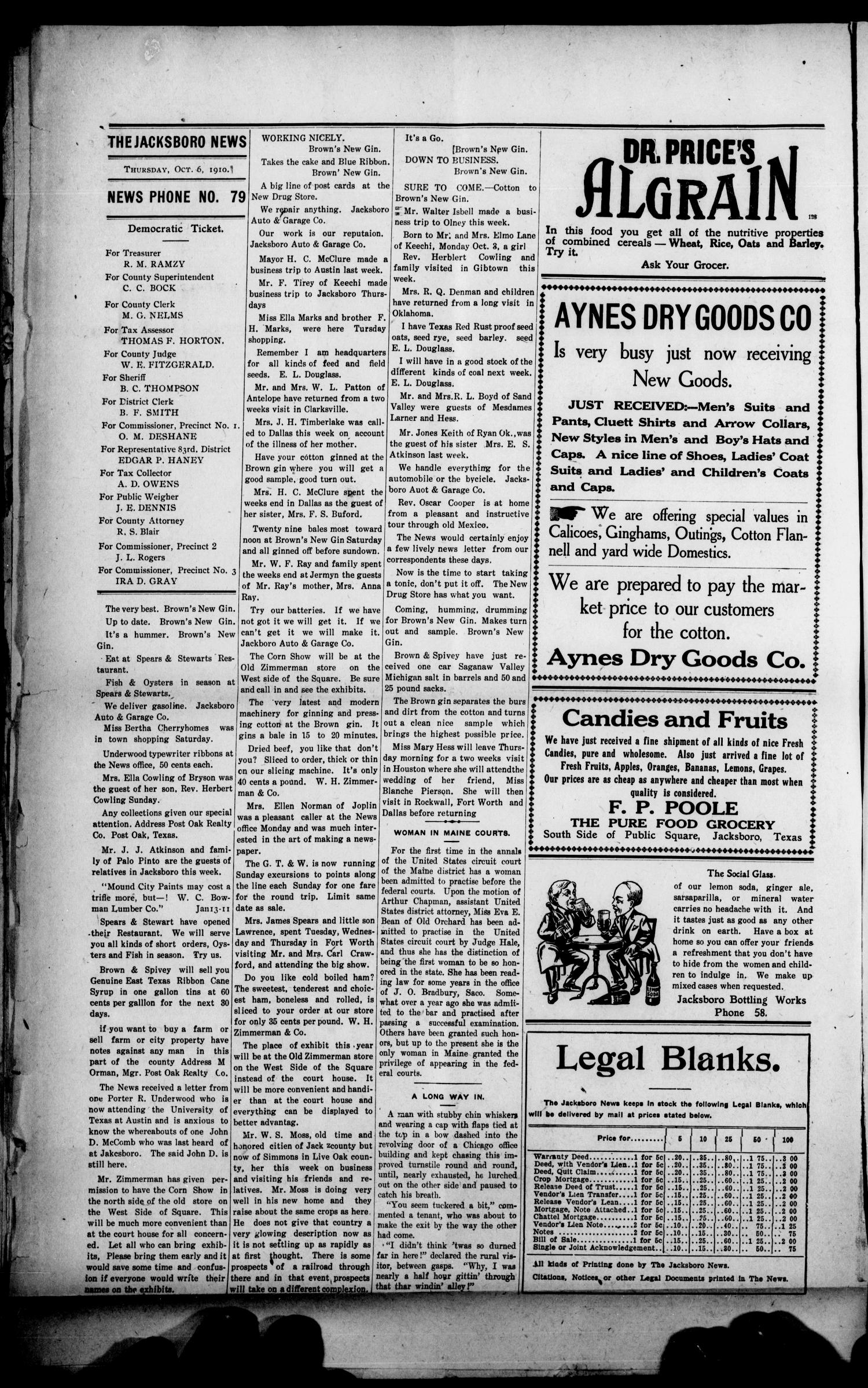 The Jacksboro News (Jacksboro, Tex.), Vol. 15, No. 30, Ed. 1 Thursday, October 6, 1910
                                                
                                                    [Sequence #]: 6 of 8
                                                