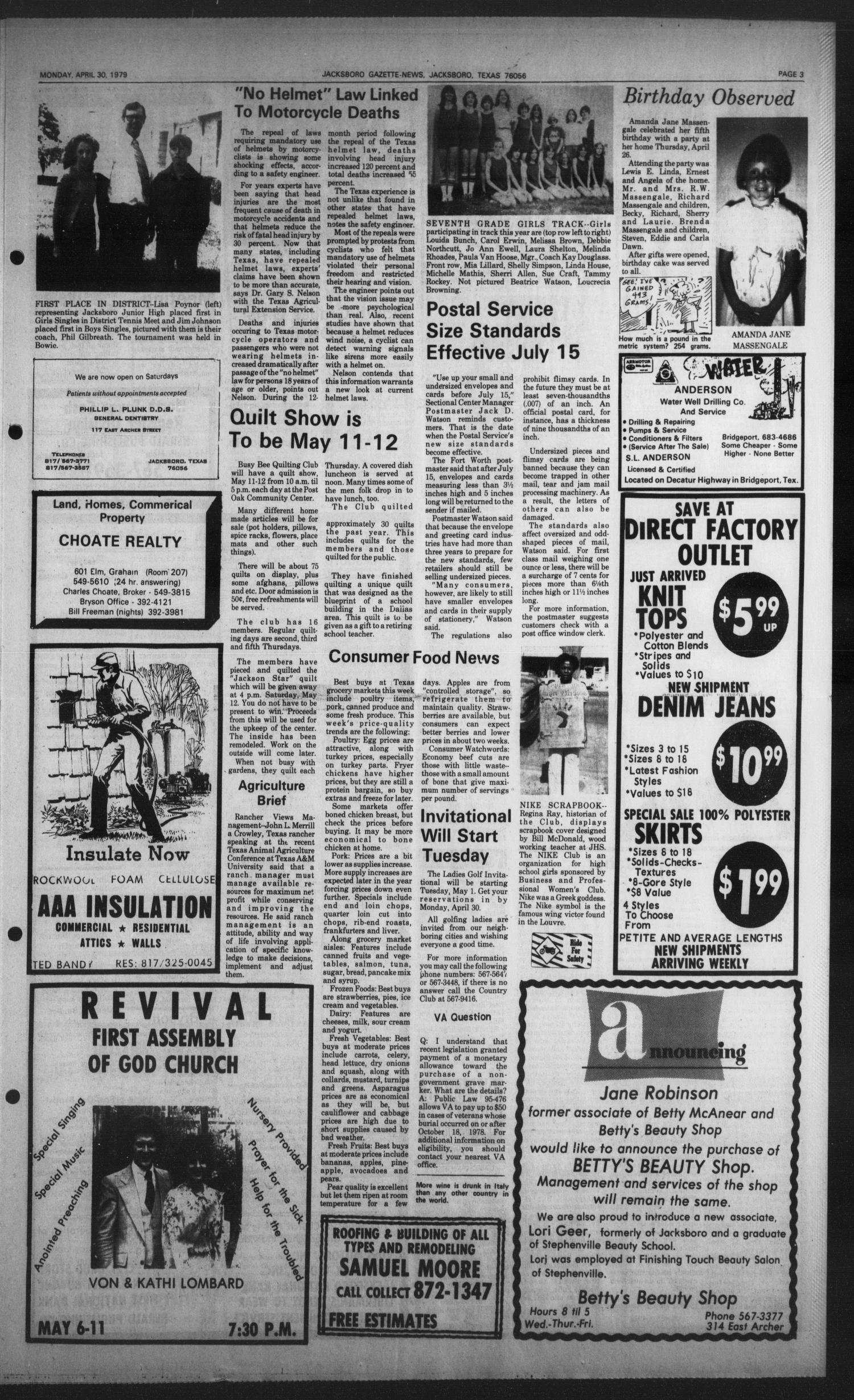 Jacksboro Gazette-News (Jacksboro, Tex.), Vol. 100, No. 50, Ed. 1 Monday, April 30, 1979
                                                
                                                    [Sequence #]: 3 of 6
                                                