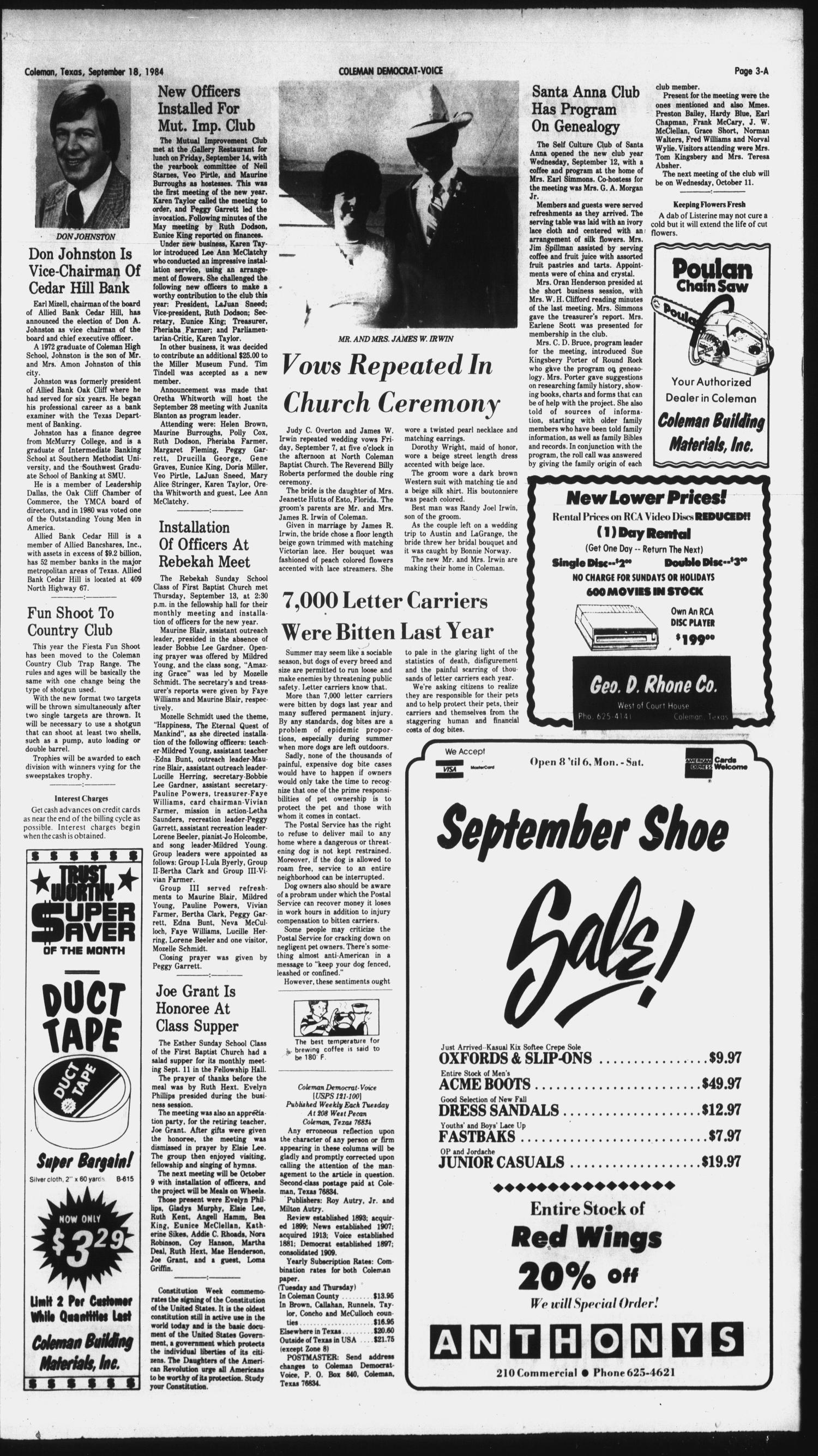 The Coleman Democrat-Voice (Coleman, Tex.), Vol. 104, No. 19, Ed. 1 Tuesday, September 18, 1984
                                                
                                                    [Sequence #]: 3 of 16
                                                