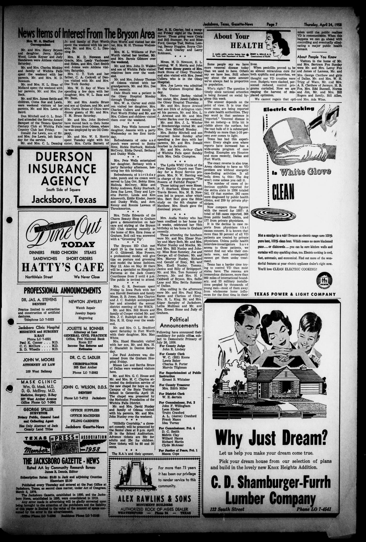 Jacksboro Gazette-News (Jacksboro, Tex.), Vol. 78, No. 47, Ed. 1 Thursday, April 24, 1958
                                                
                                                    [Sequence #]: 7 of 8
                                                