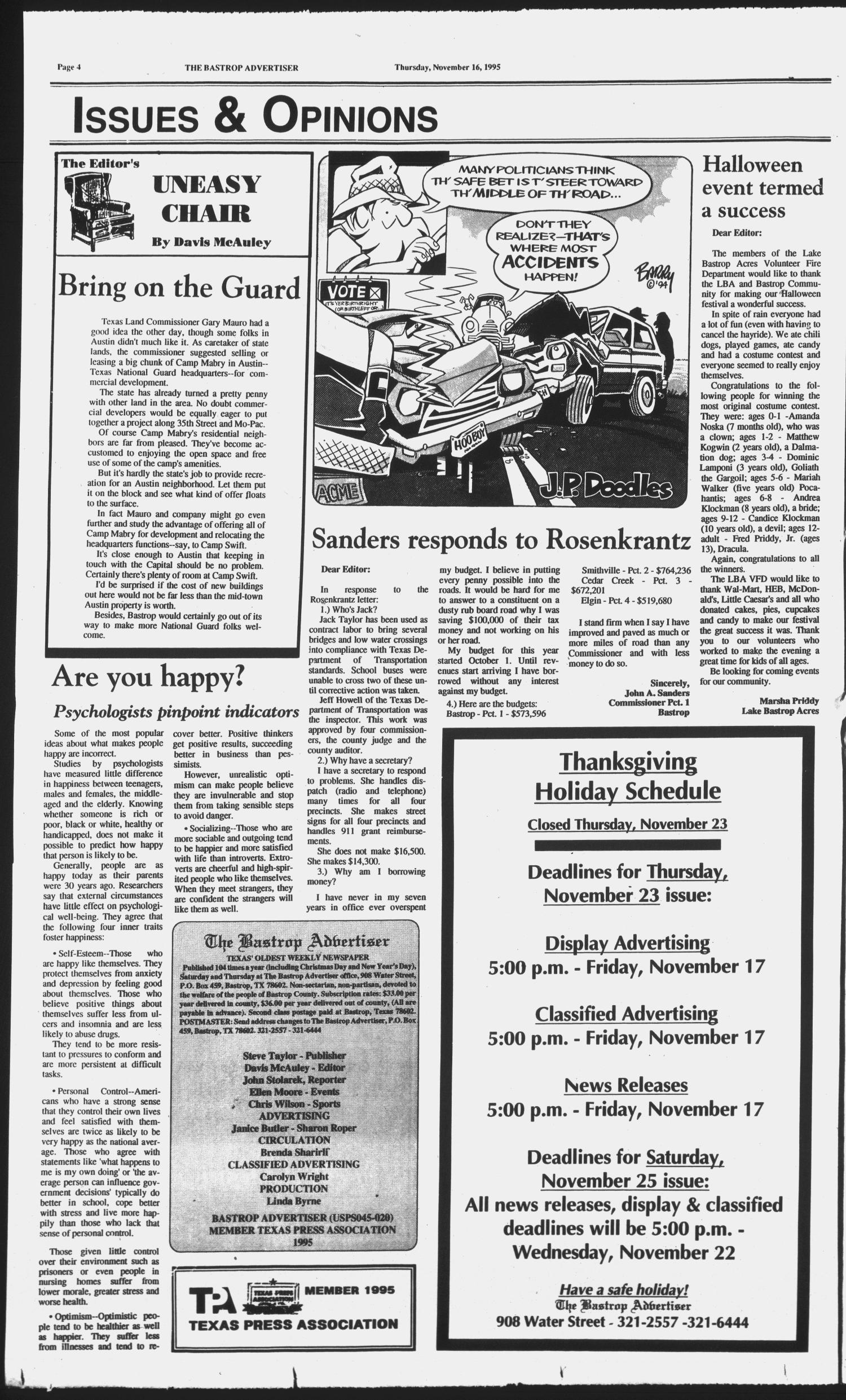 The Bastrop Advertiser (Bastrop, Tex.), Vol. 142, No. 75, Ed. 1 Thursday, November 16, 1995
                                                
                                                    [Sequence #]: 4 of 42
                                                