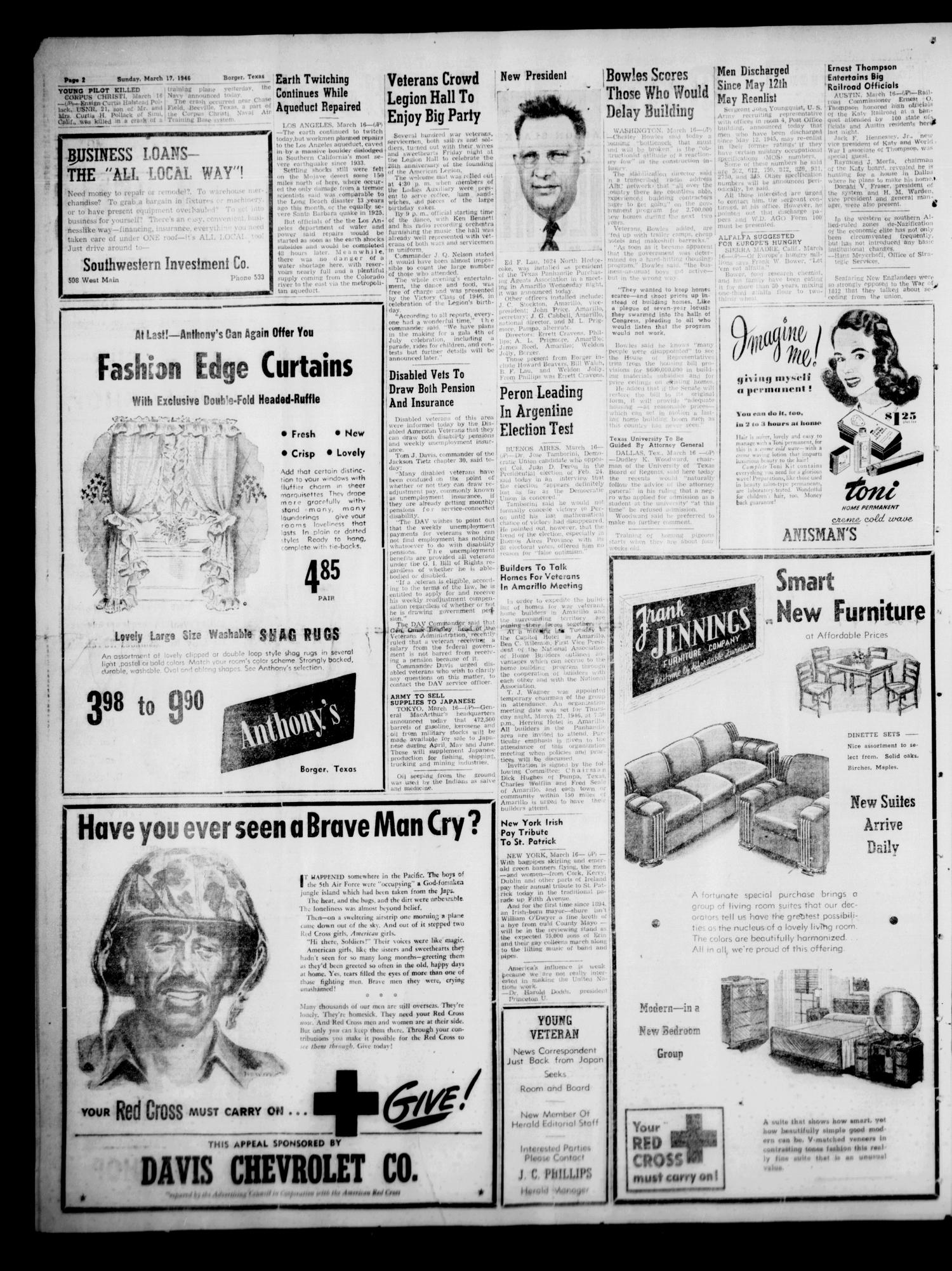 Borger Daily Herald (Borger, Tex.), Vol. 20, No. 96, Ed. 1 Sunday, March 17, 1946
                                                
                                                    [Sequence #]: 2 of 12
                                                