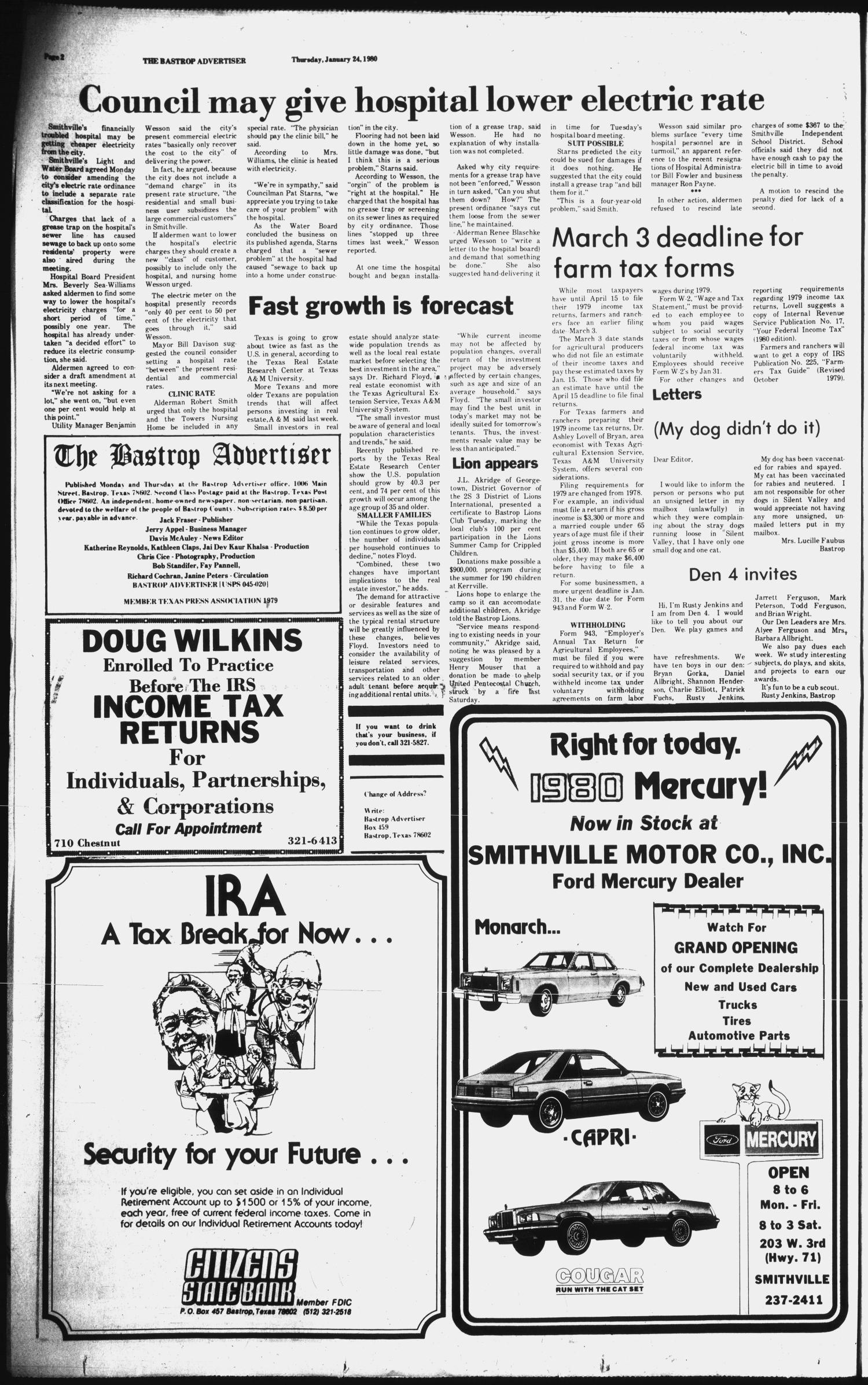 The Bastrop Advertiser (Bastrop, Tex.), No. 93, Ed. 1 Thursday, January 24, 1980
                                                
                                                    [Sequence #]: 2 of 16
                                                