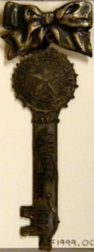 Primary view of object titled '[Medal - Key hanging from ribbon]'.